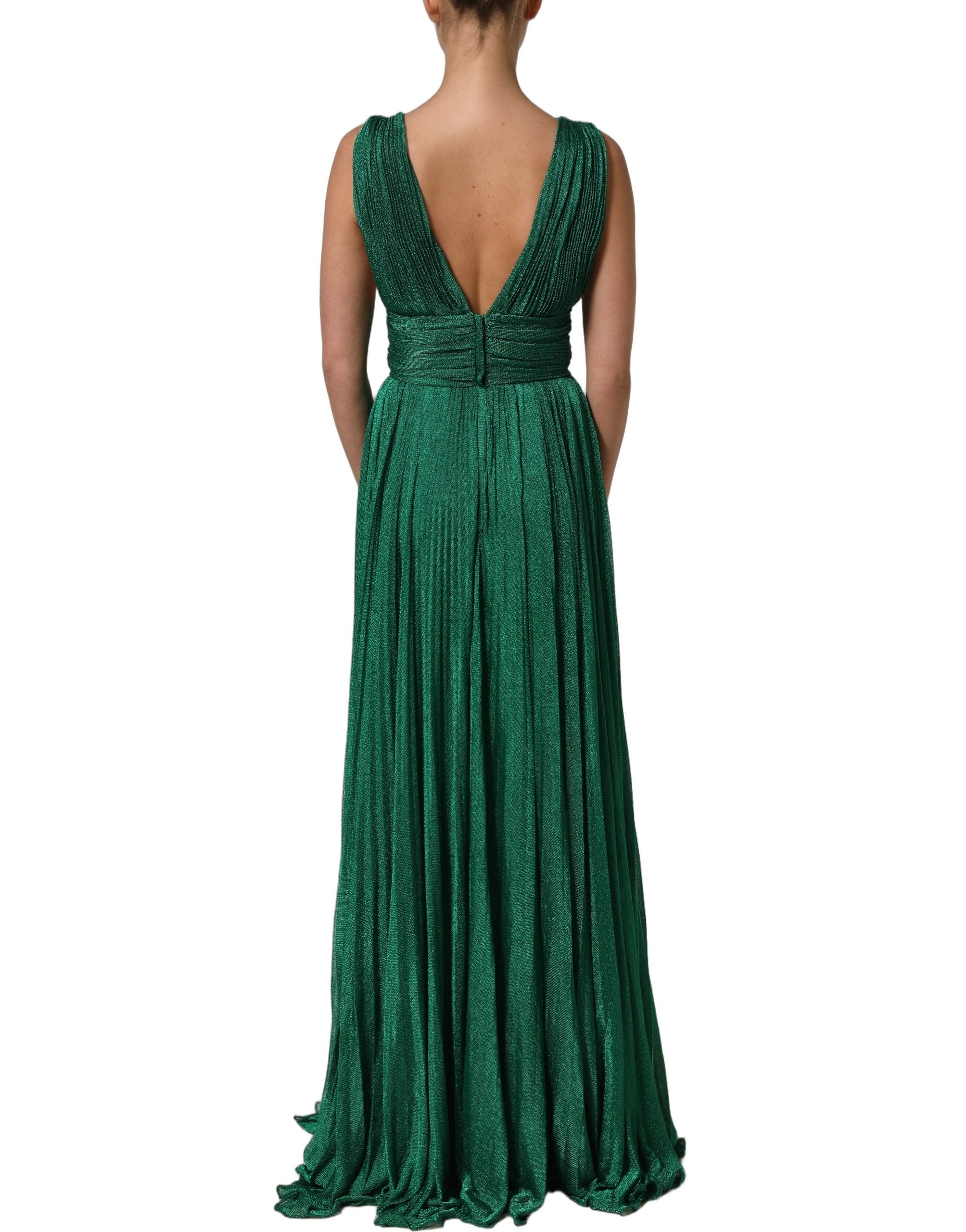 Dolce & Gabbana Metallic Green Sleeveless Plissé Gown Women's Dress (Pre-Owned)