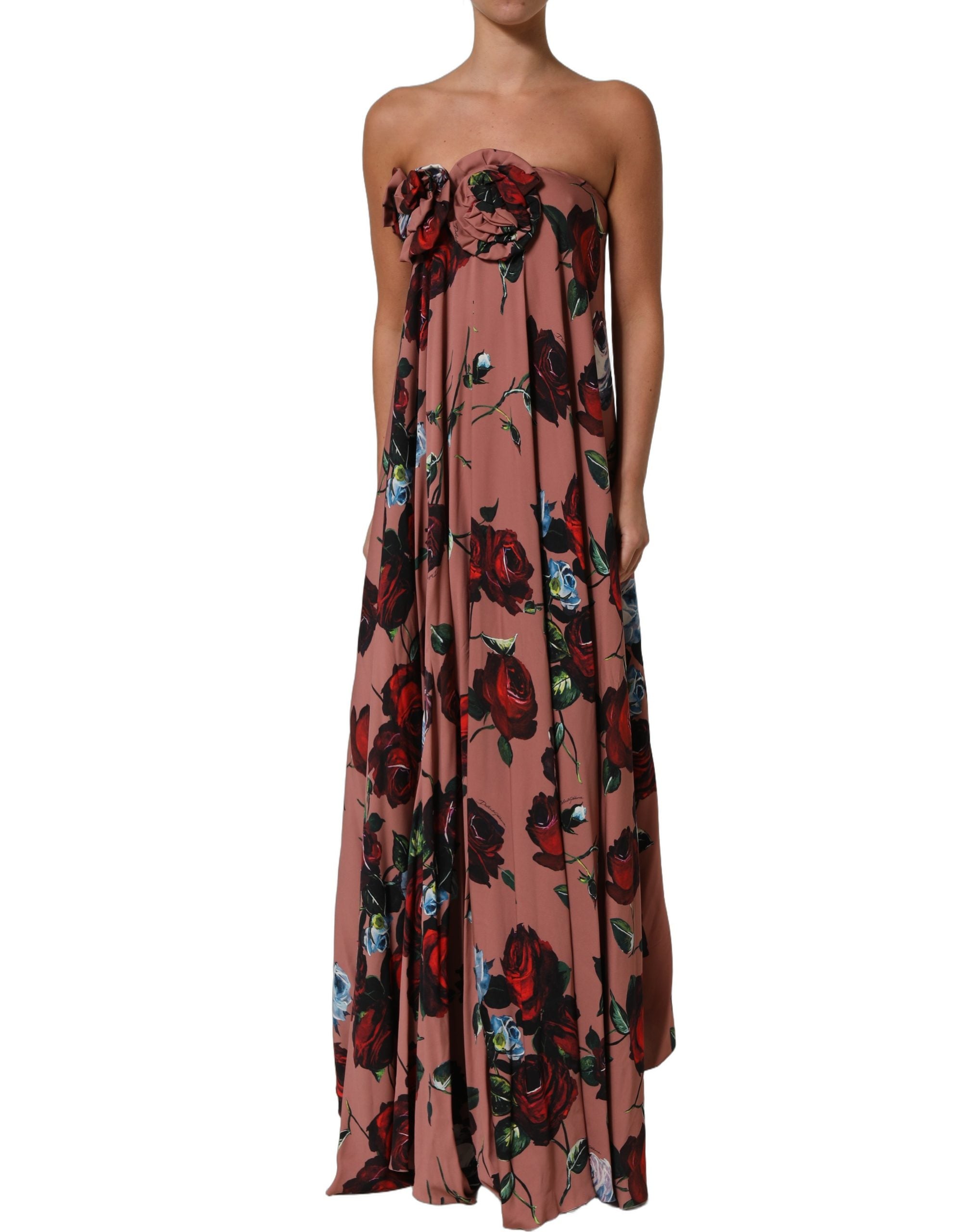 Dolce & Gabbana Dusty Pink Silk Floral Strapless Maxi Women's Dress (Pre-Owned)
