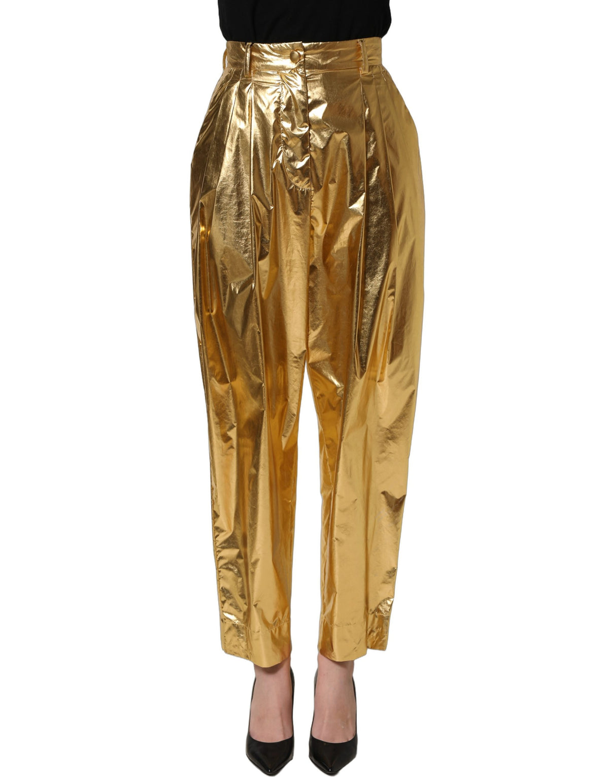 Dolce & Gabbana Metallic Gold High Waist Pleated Tapered Women's Pants (Pre-Owned)