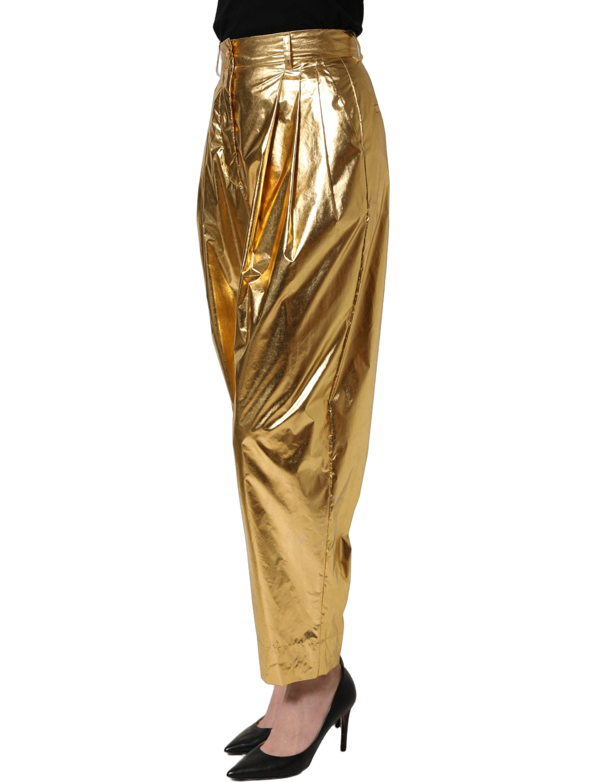 Dolce & Gabbana Metallic Gold High Waist Pleated Tapered Women's Pants (Pre-Owned)