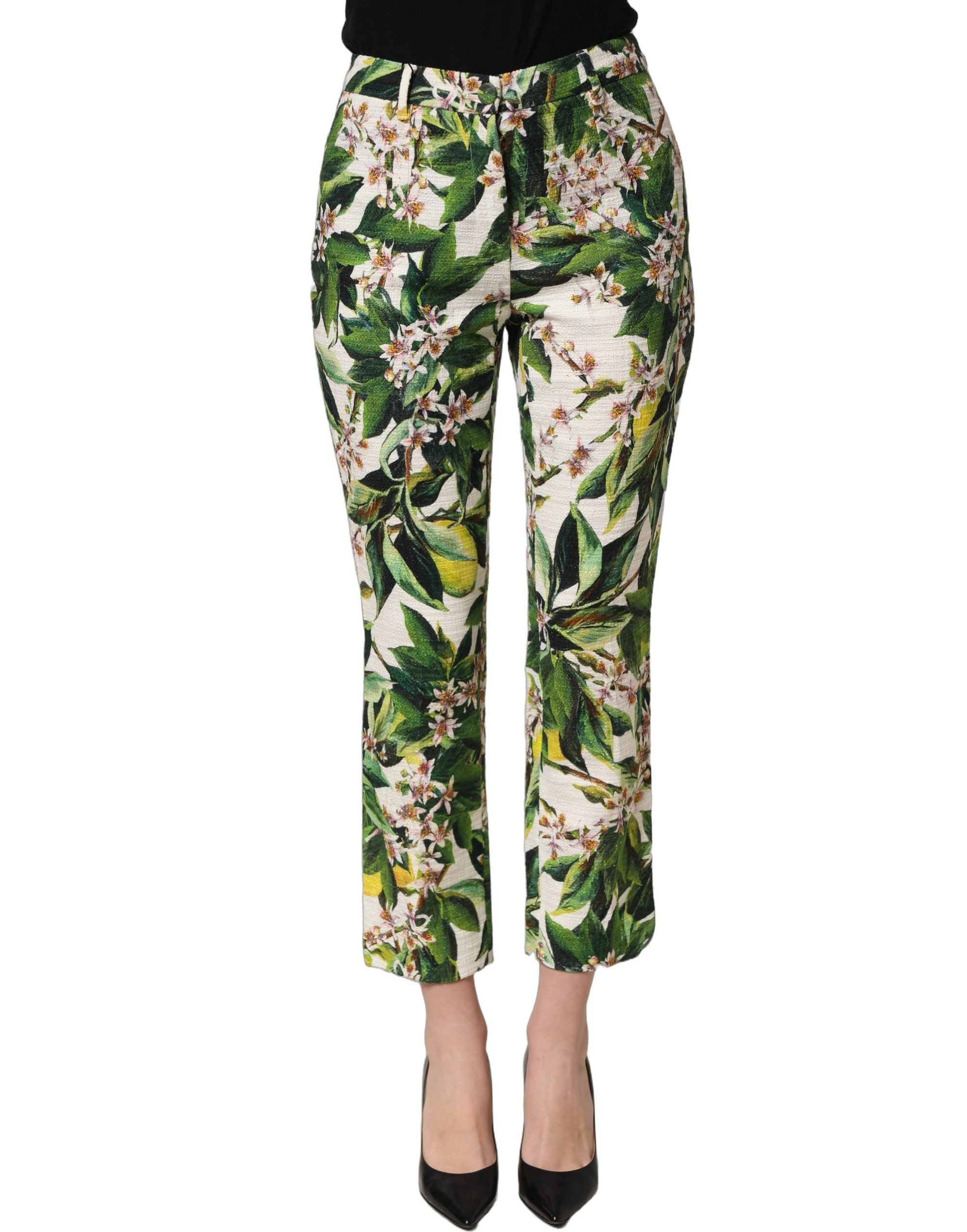 Dolce & Gabbana White Floral Print Cropped Straight Women's Pants
