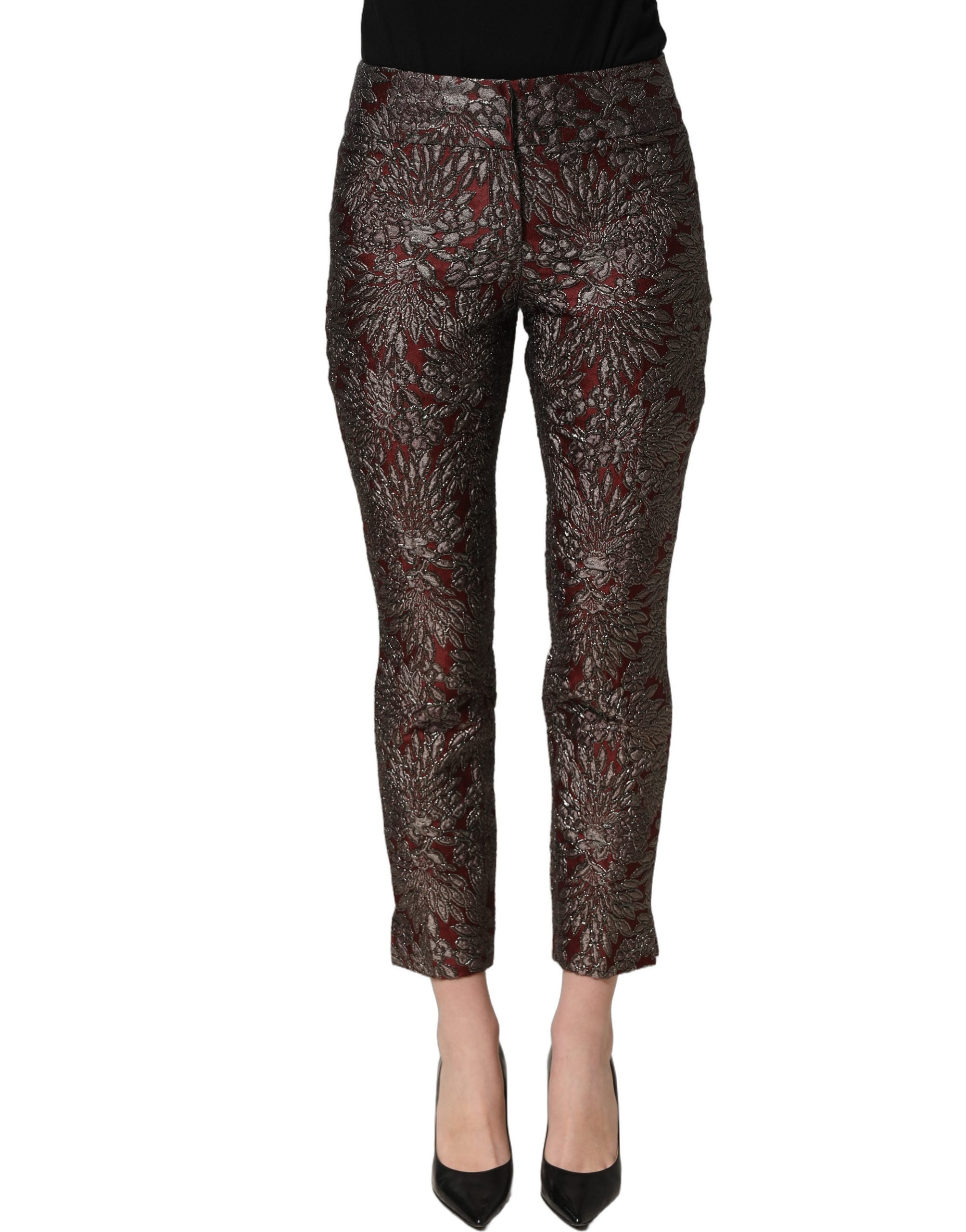 Dolce & Gabbana Burgundy Grey Floral Jacquard Straight Women's Pants