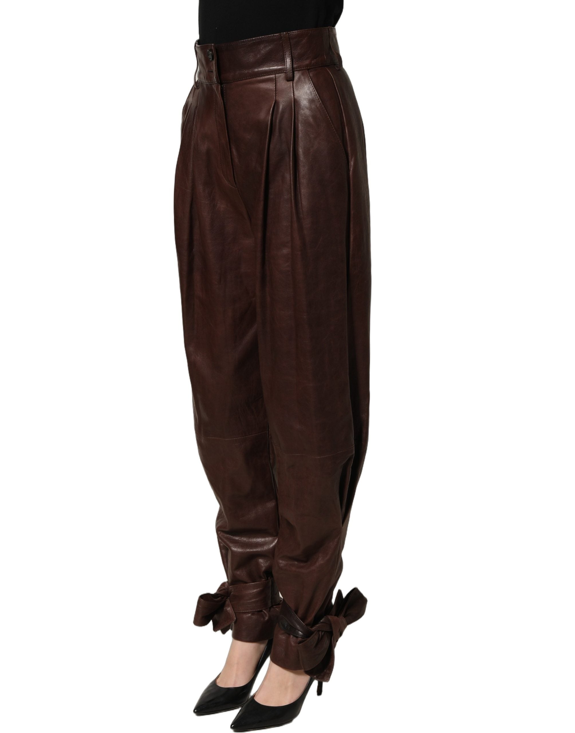 Dolce & Gabbana Brown Leather High Waist Tapered Leg Women's Pants