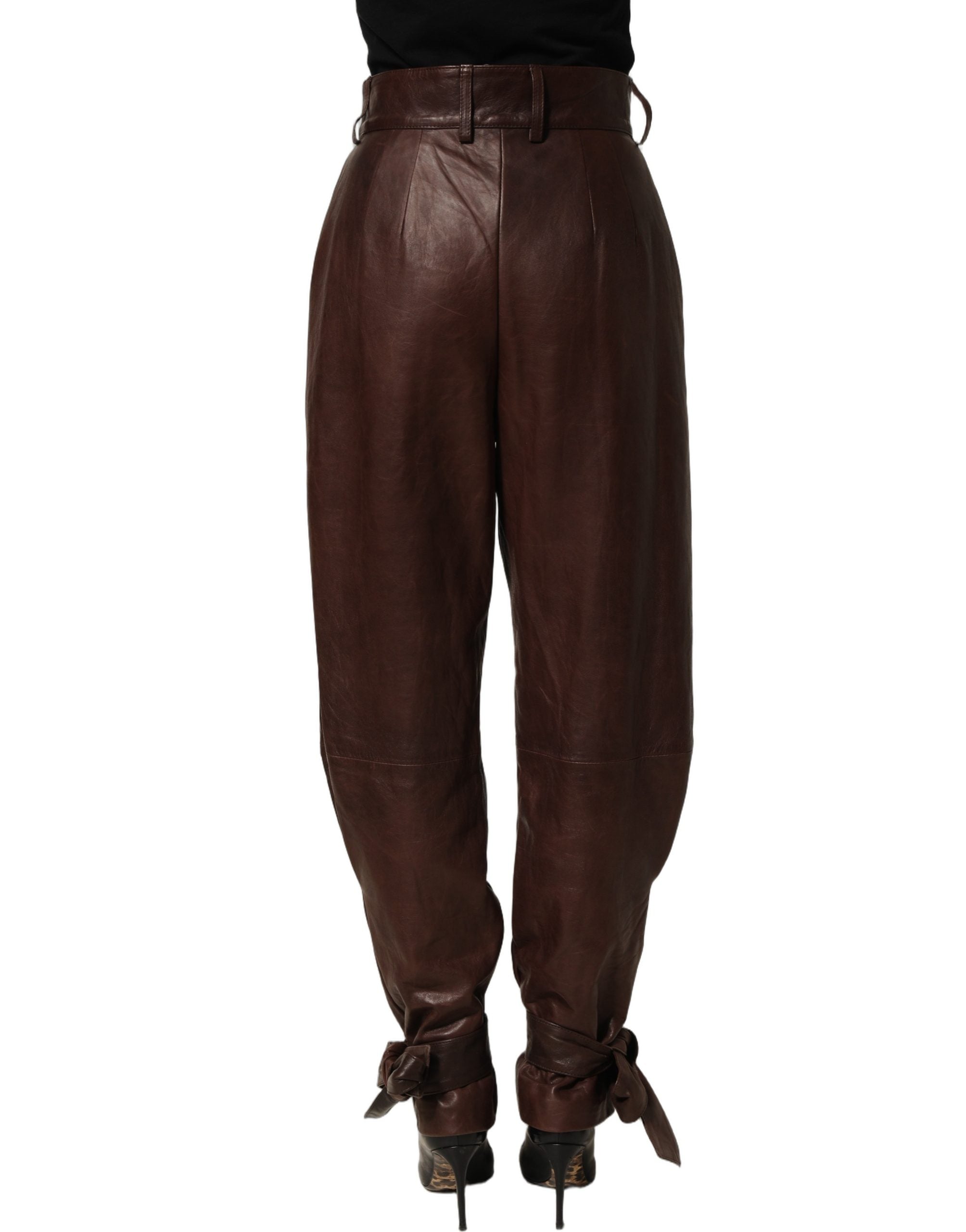 Dolce & Gabbana Brown Leather High Waist Tapered Leg Women's Pants