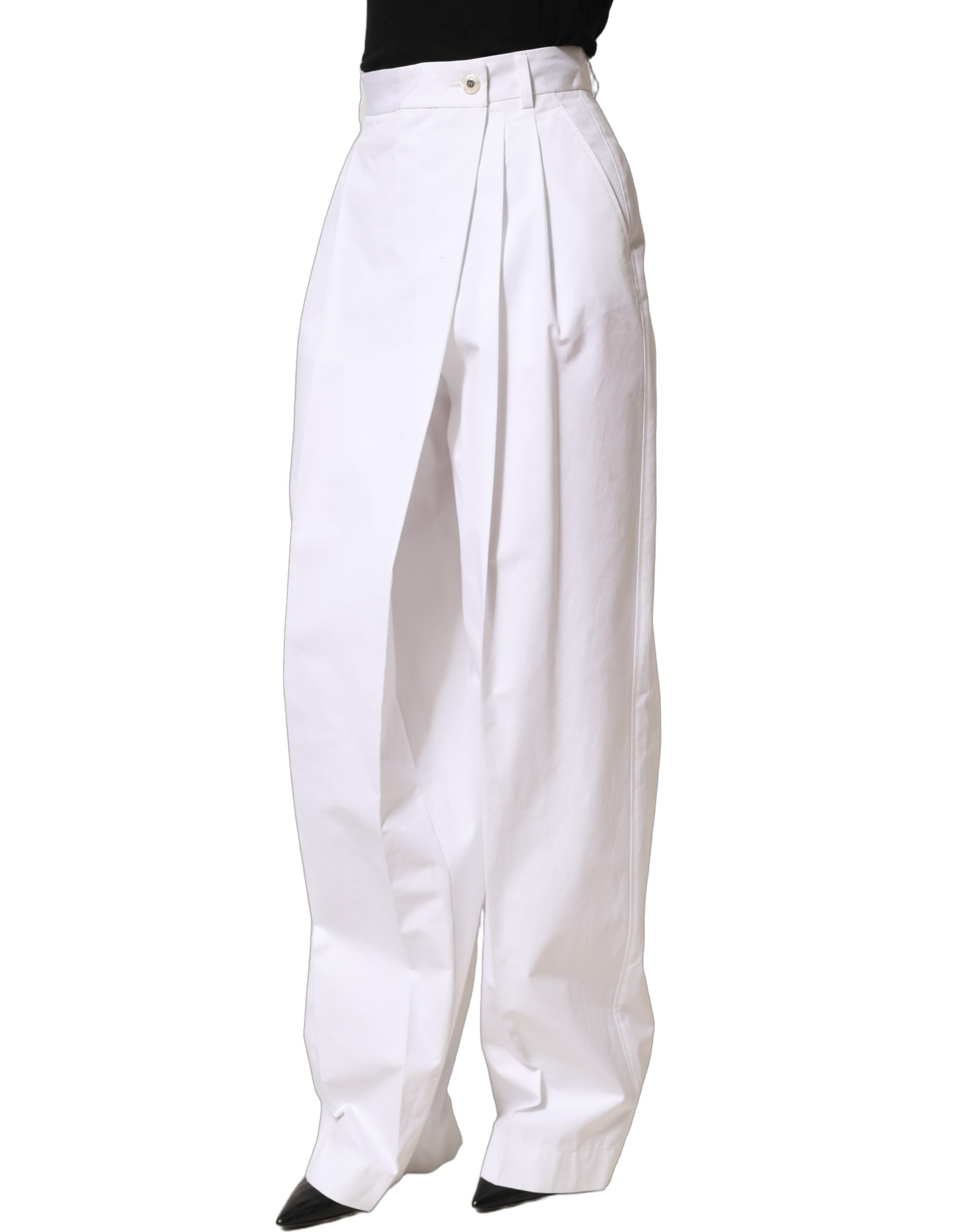 Dolce & Gabbana White Cotton High Waist Pleated Wide Leg Women's Pants