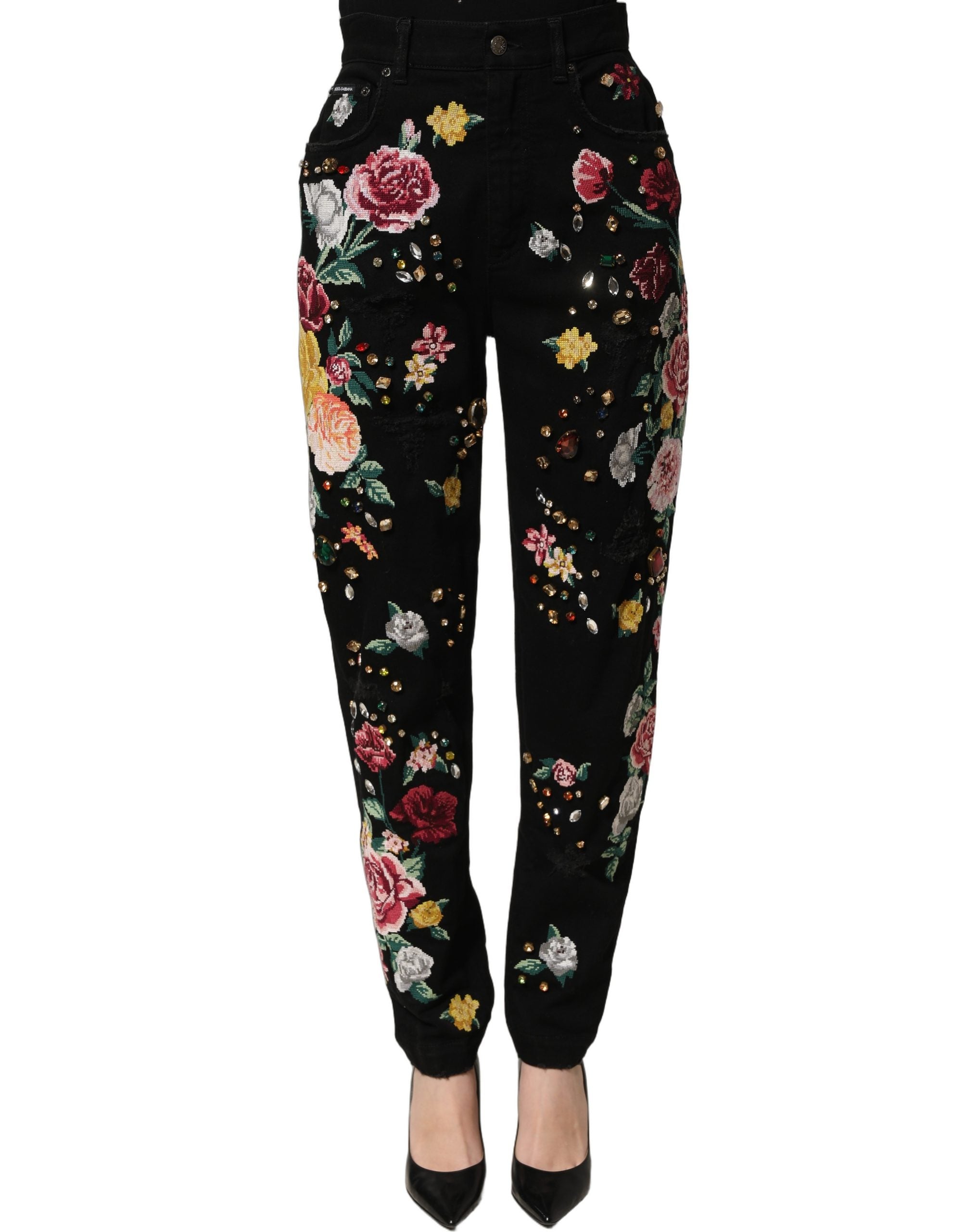 Dolce & Gabbana Black Floral Cotton High Waist Tapered Women's Pants