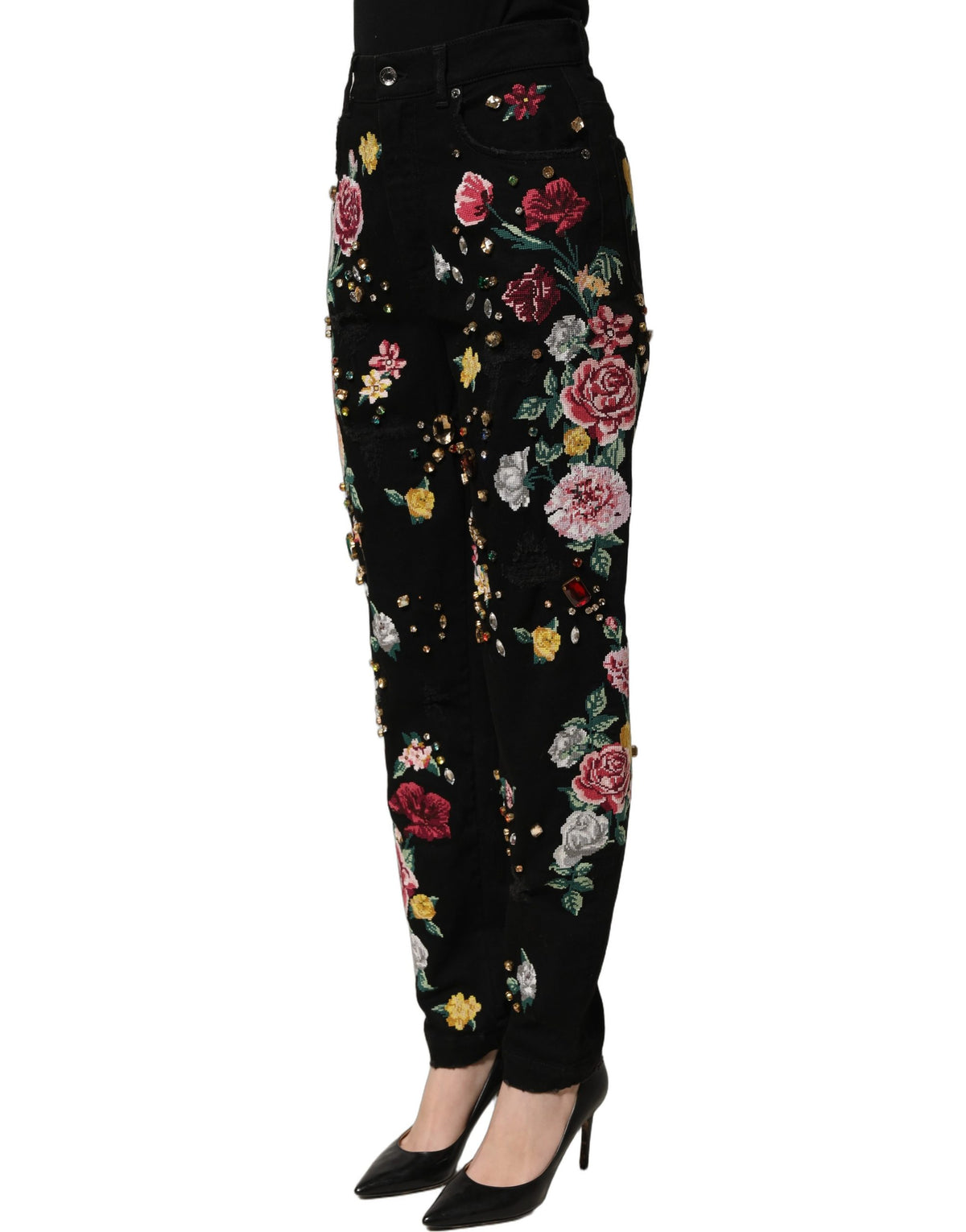 Dolce & Gabbana Black Floral Cotton High Waist Tapered Women's Pants