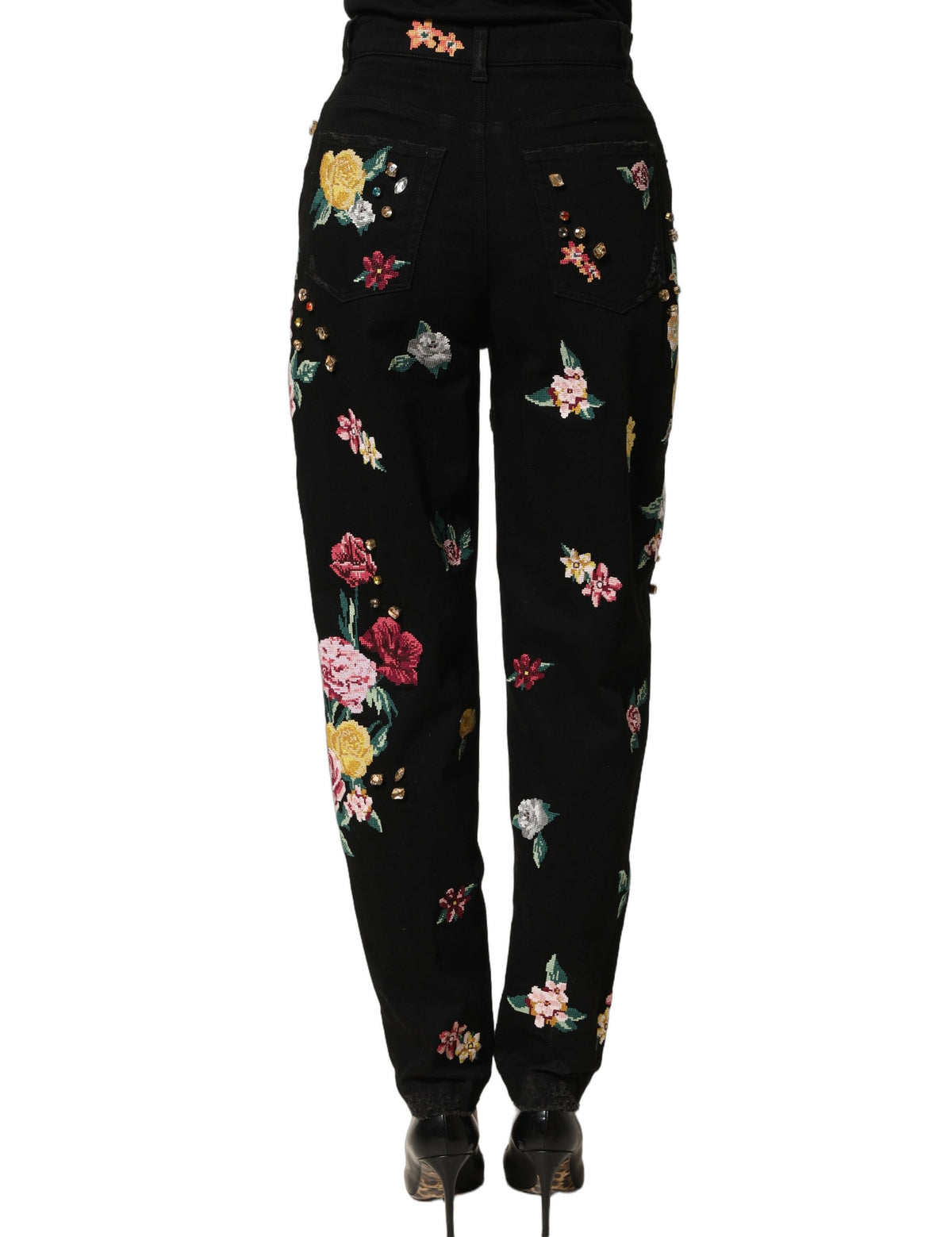 Dolce & Gabbana Black Floral Cotton High Waist Tapered Women's Pants