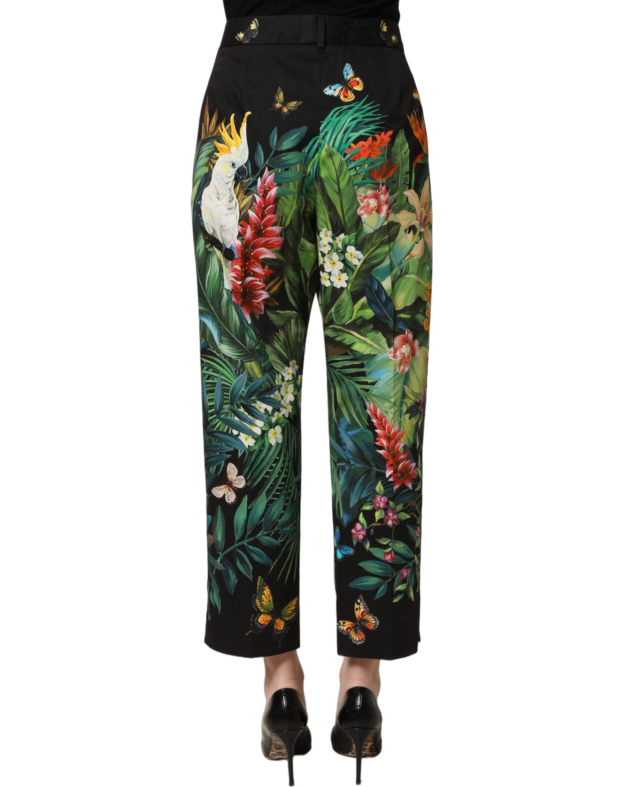 Dolce & Gabbana Black Tropical Print Cotton HighWaist Women's Pants