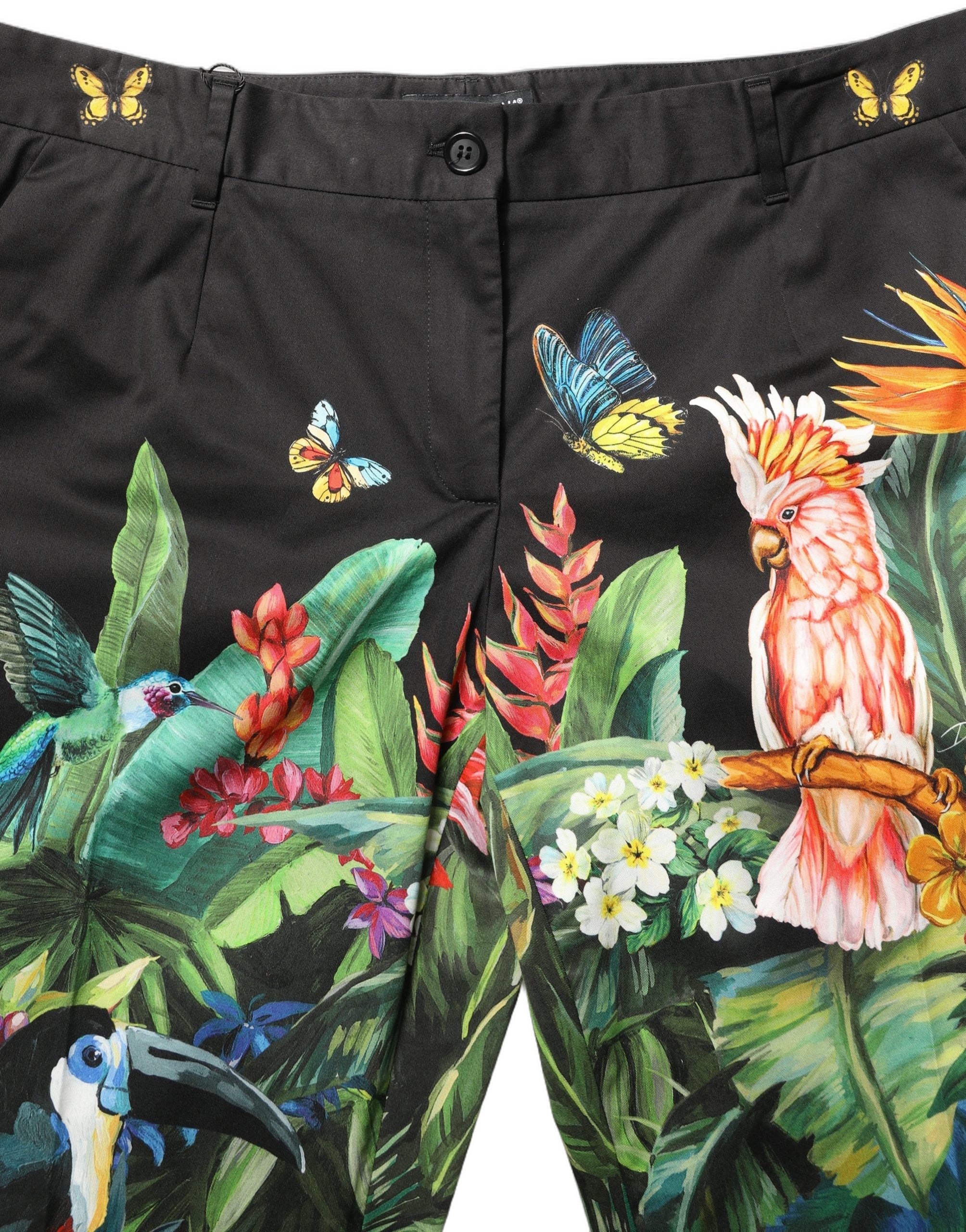 Dolce & Gabbana Black Tropical Print Cotton HighWaist Women's Pants