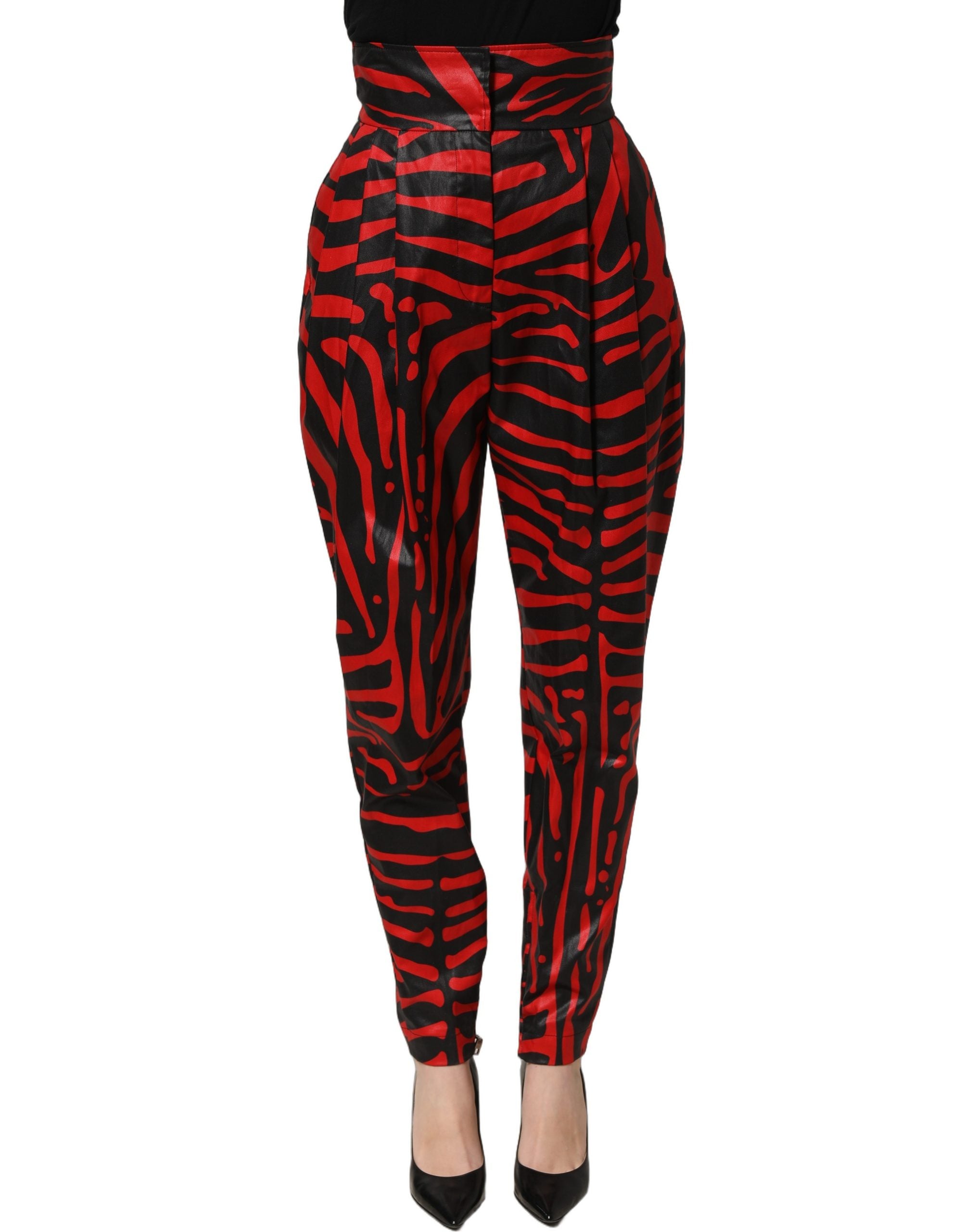 Dolce & Gabbana Red Black Zebra Print Cotton HighWaist Women's Pants