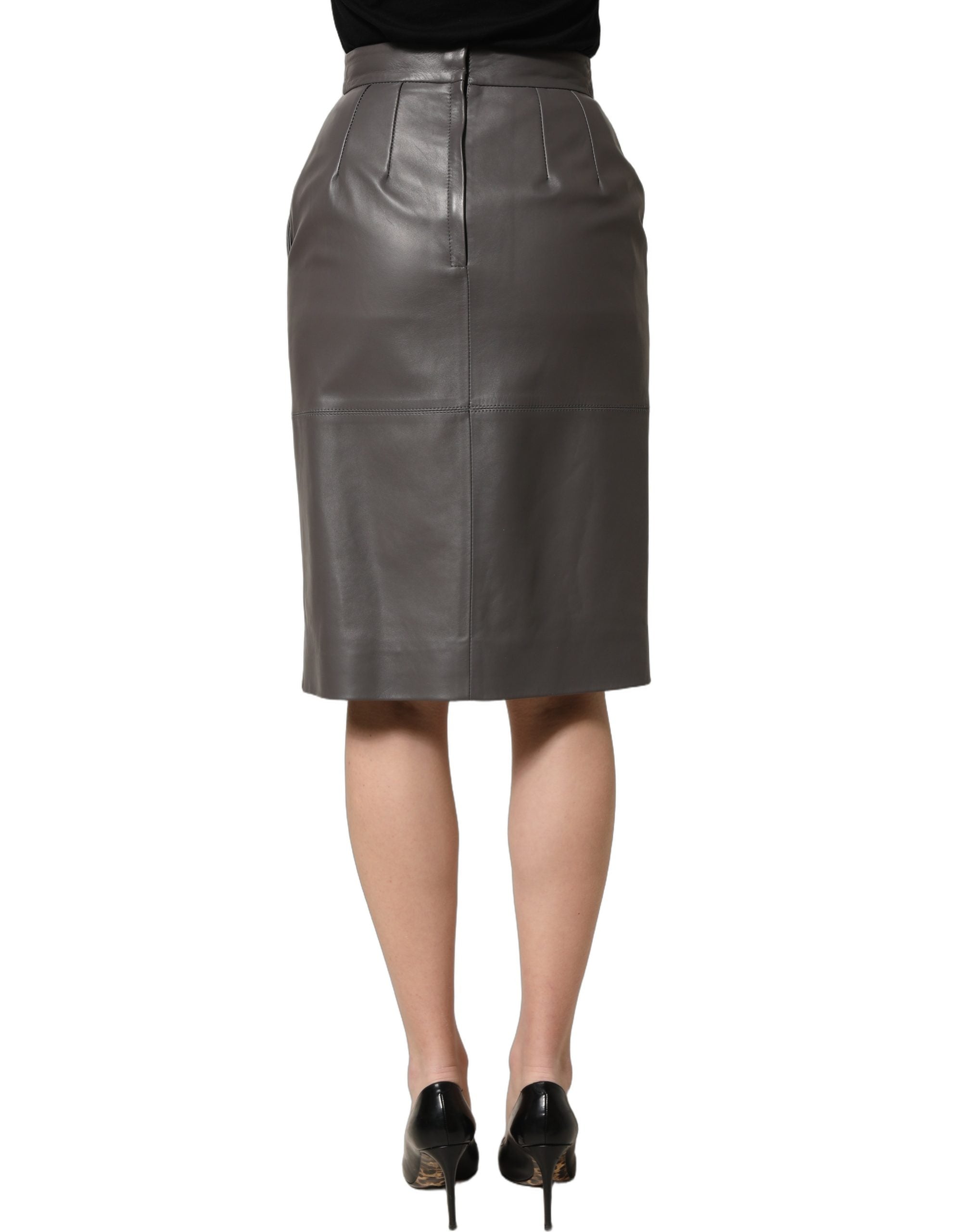 Dolce & Gabbana Gray Leather High Waist Pencil Cut Midi Women's Skirt