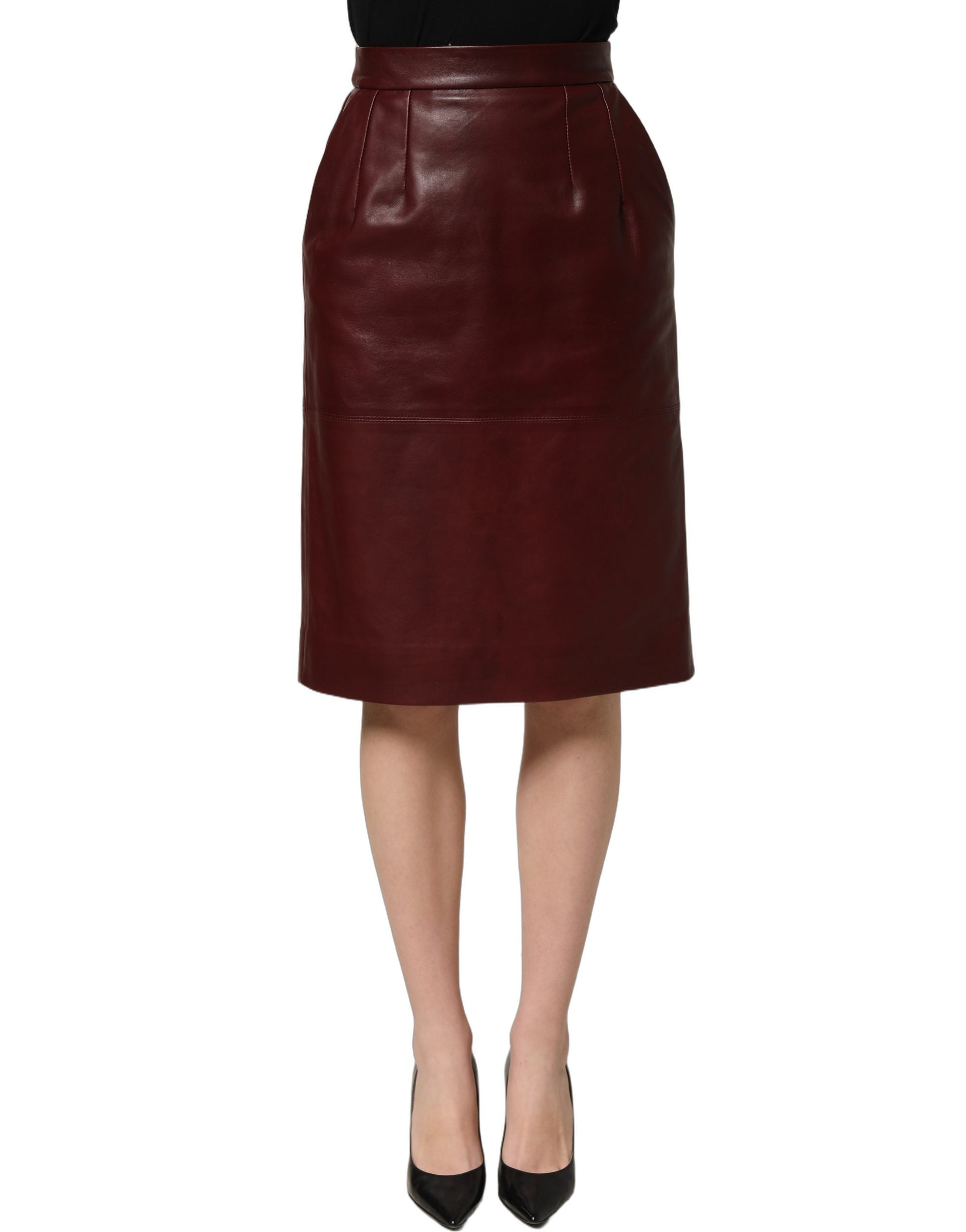 Dolce & Gabbana Burgundy Leather High Waist Pencil Midi Women's Skirt