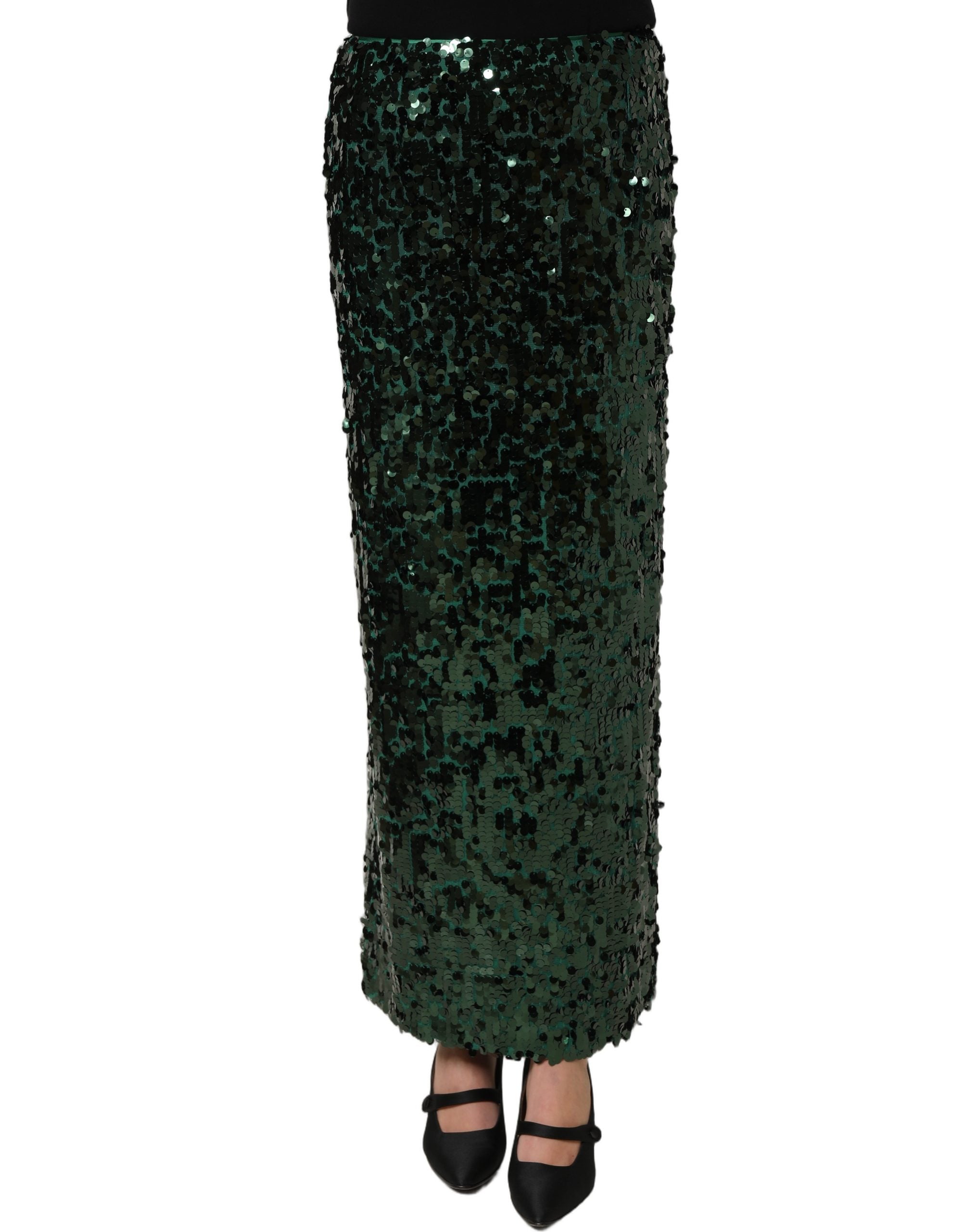 Dolce & Gabbana Green Sequin High Waist Pencil Cut Midi Women's Skirt