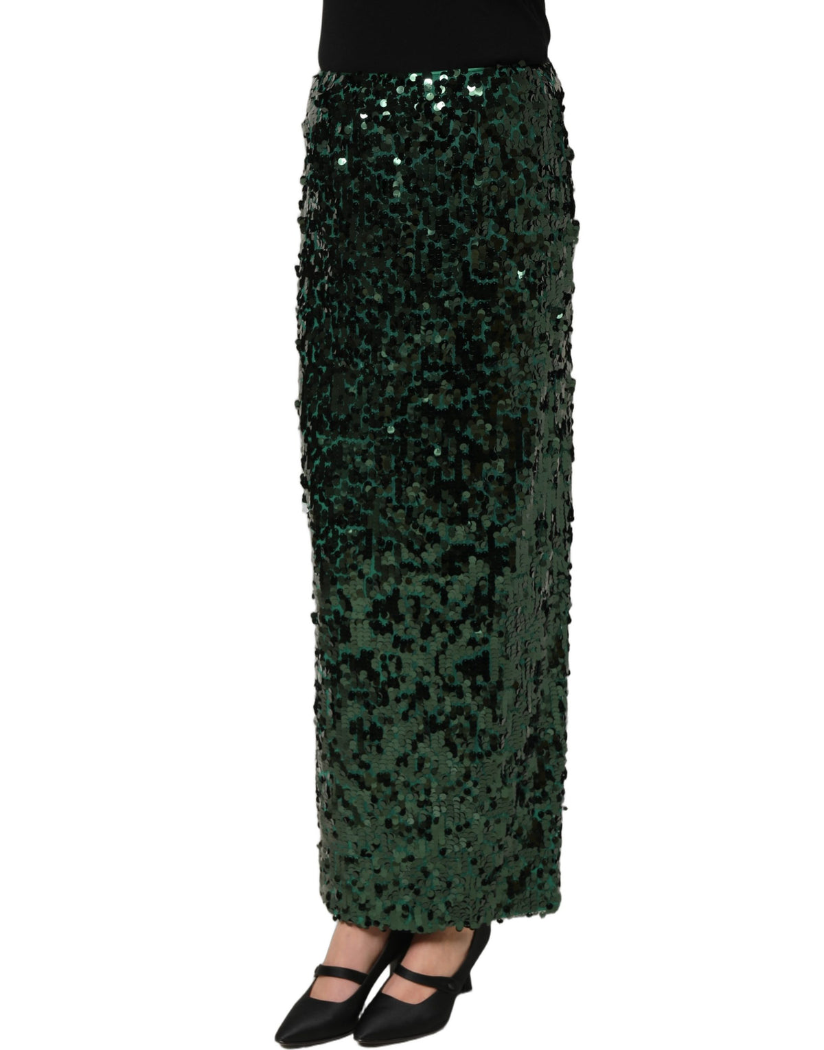 Dolce & Gabbana Green Sequin High Waist Pencil Cut Midi Women's Skirt
