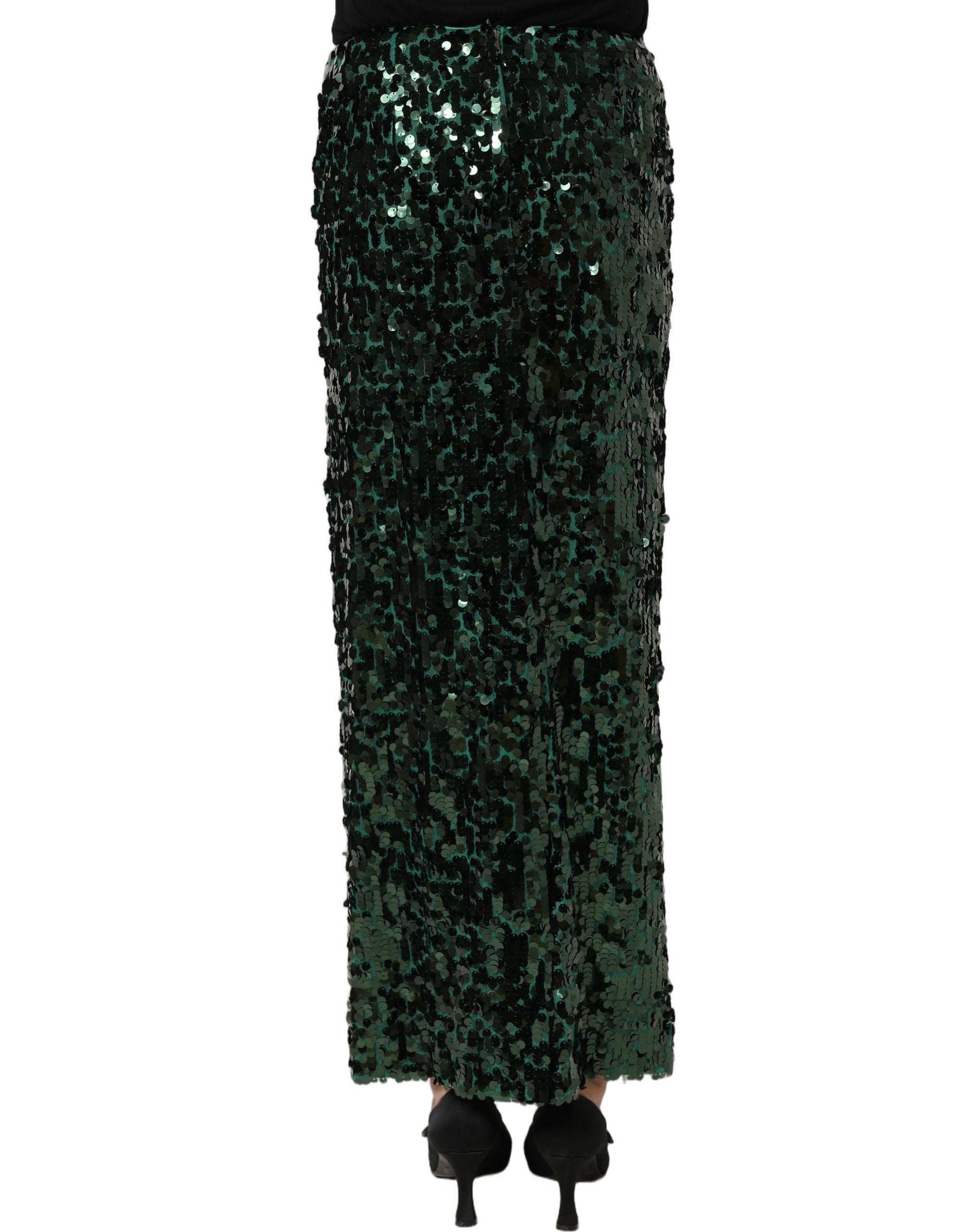Dolce & Gabbana Green Sequin High Waist Pencil Cut Midi Women's Skirt
