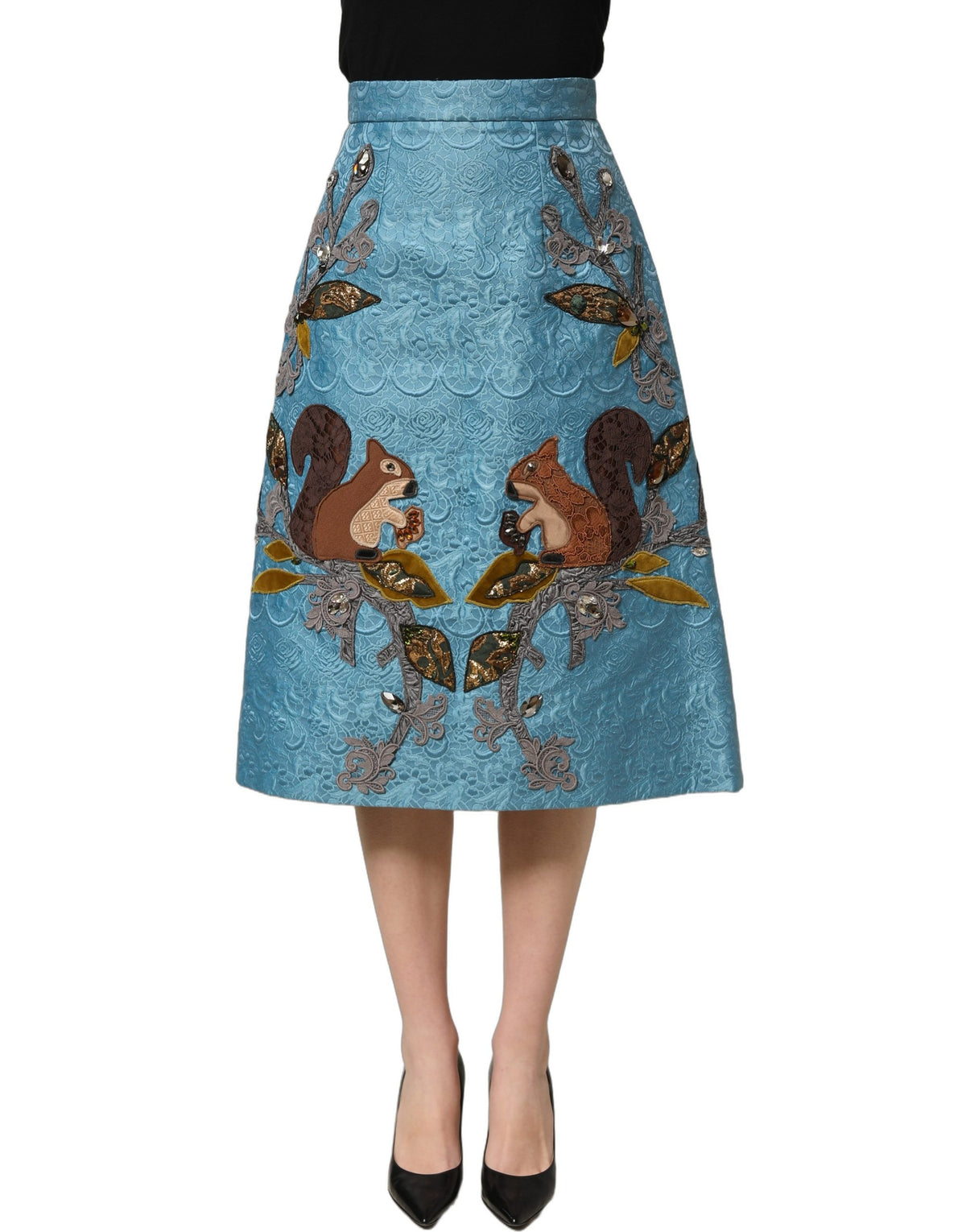 Dolce & Gabbana Blue Jacquard Embroidered A-line Midi Women's Skirt