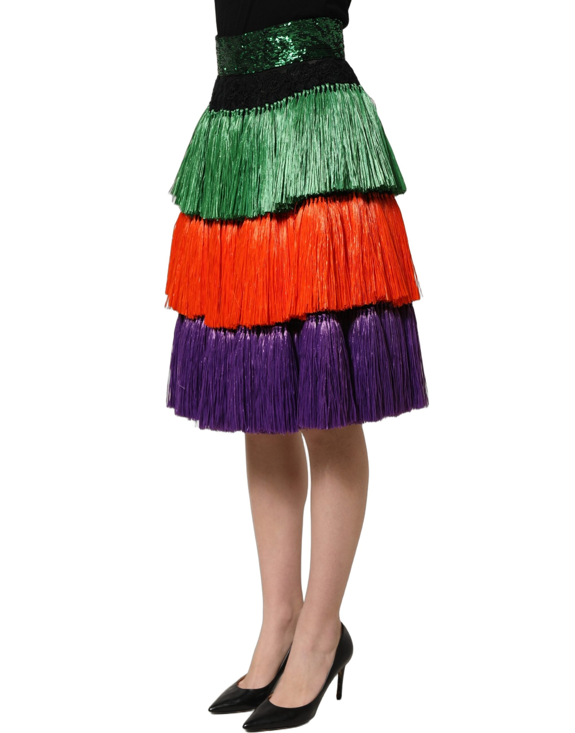 Dolce & Gabbana Multicolor Fringed High Waist Knee Length Women's Skirt