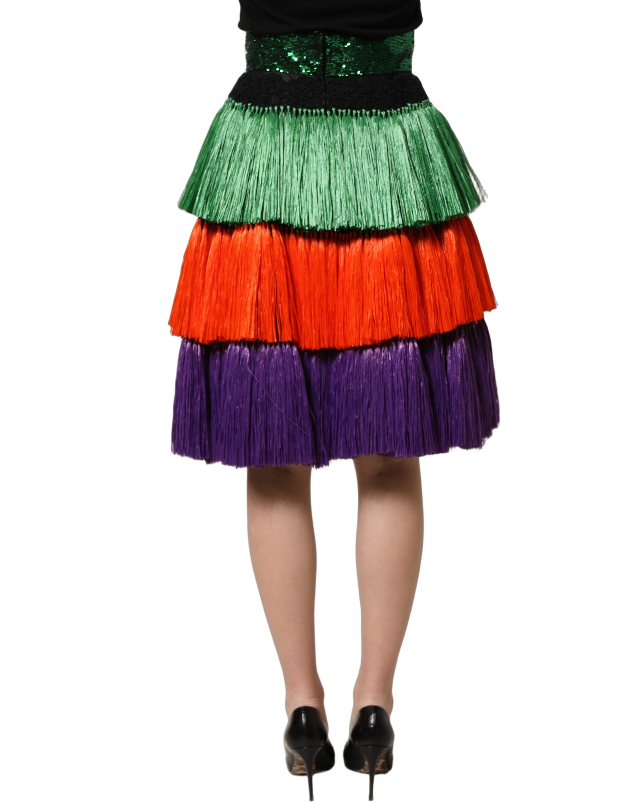 Dolce & Gabbana Multicolor Fringed High Waist Knee Length Women's Skirt