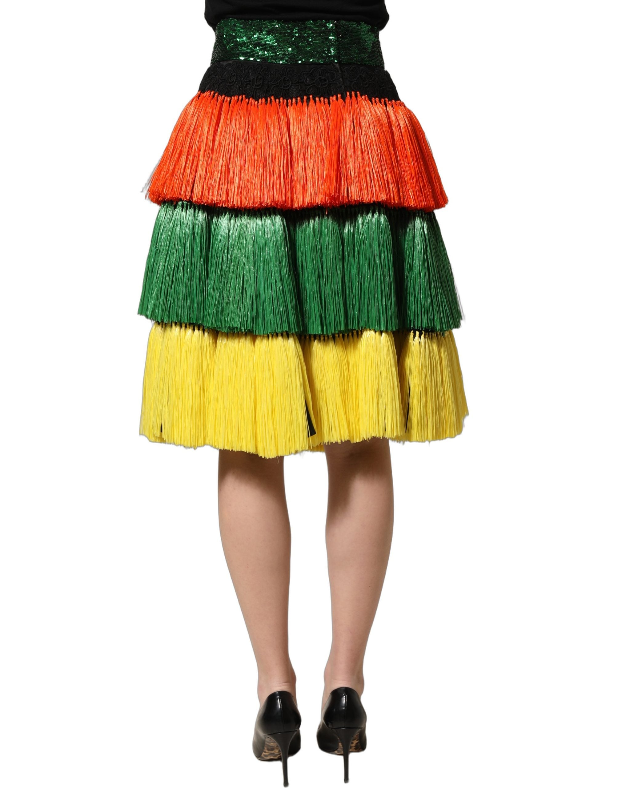 Dolce & Gabbana Multicolor Fringe Sequin High Waist Knee Length Women's Skirt