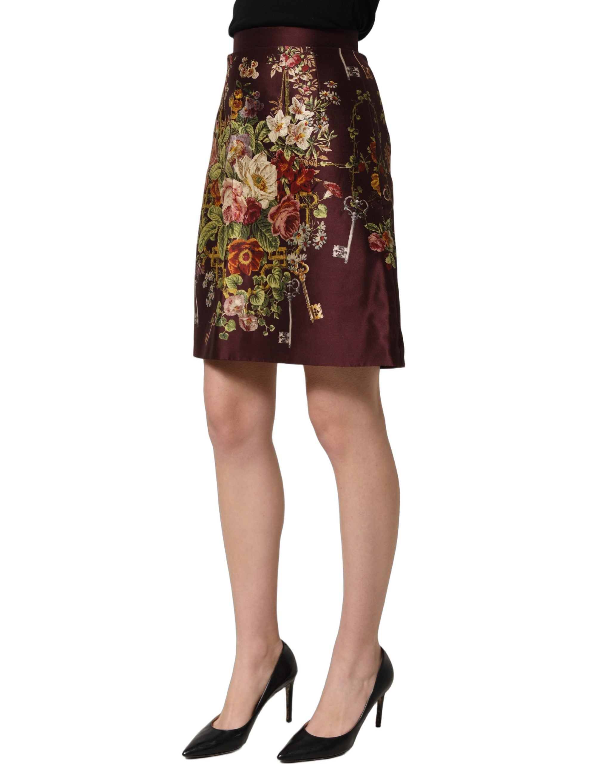 Dolce & Gabbana Burgundy Floral HighWaist A-line Mini Women's Skirt
