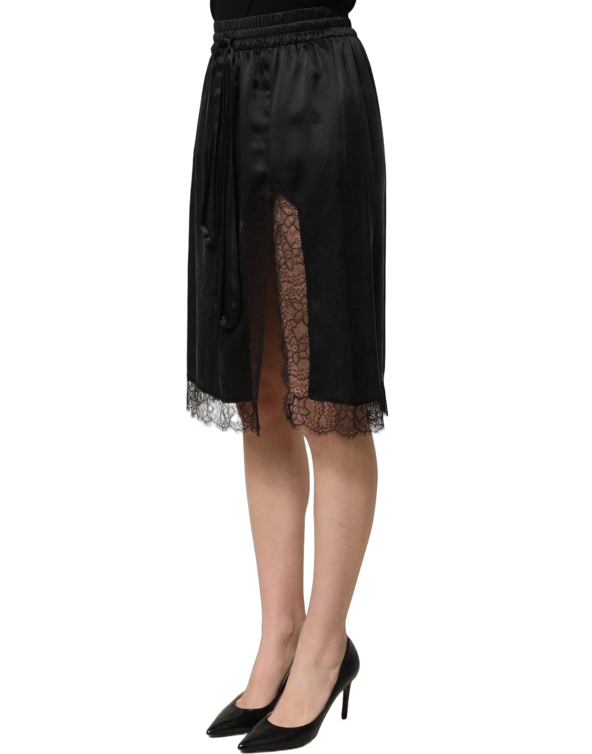 Dolce & Gabbana Black Lace Trimmed Satin Side Slit Women's Skirt