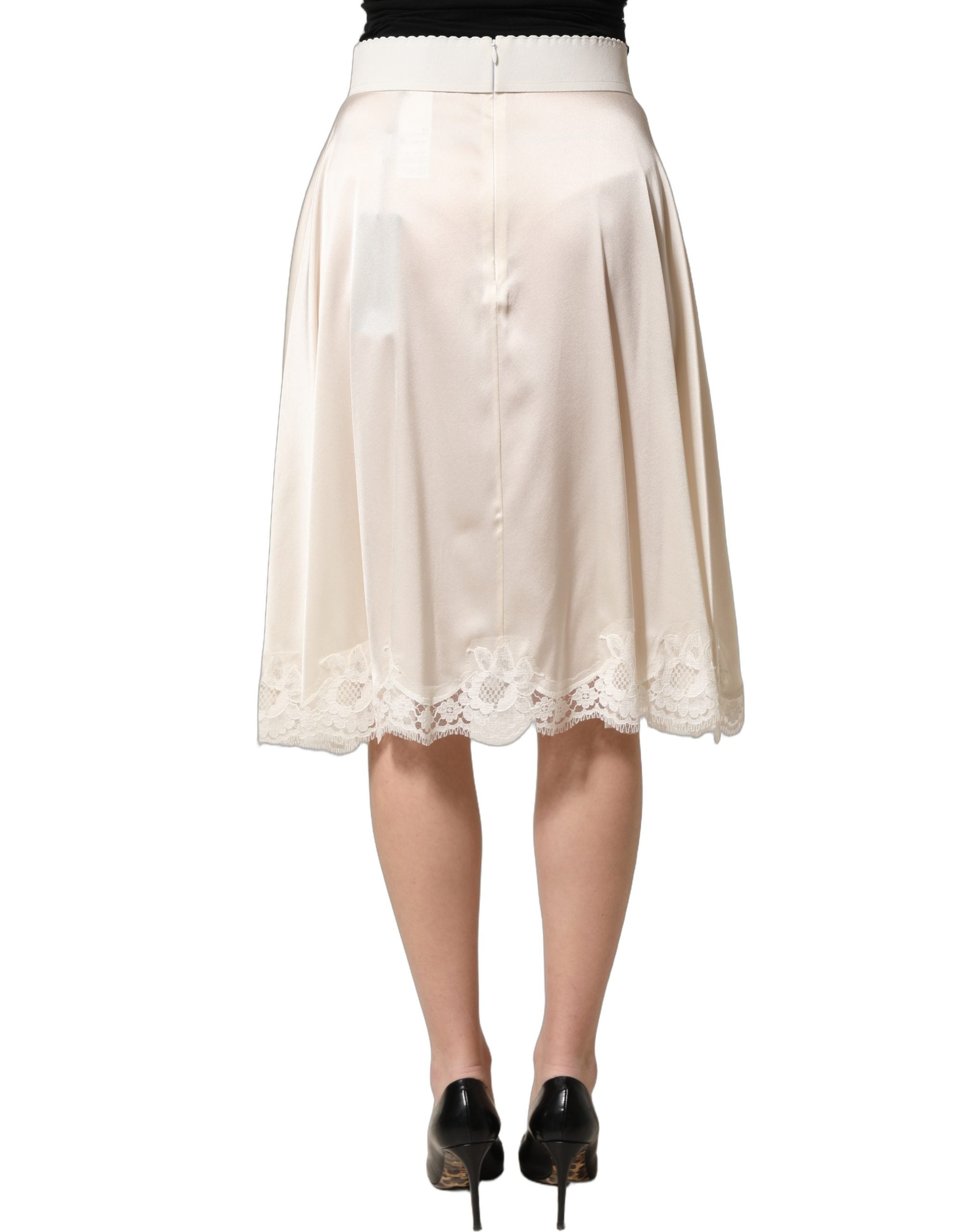 Dolce & Gabbana Off White Lace Trimmed Satin High Waist Women's Skirt