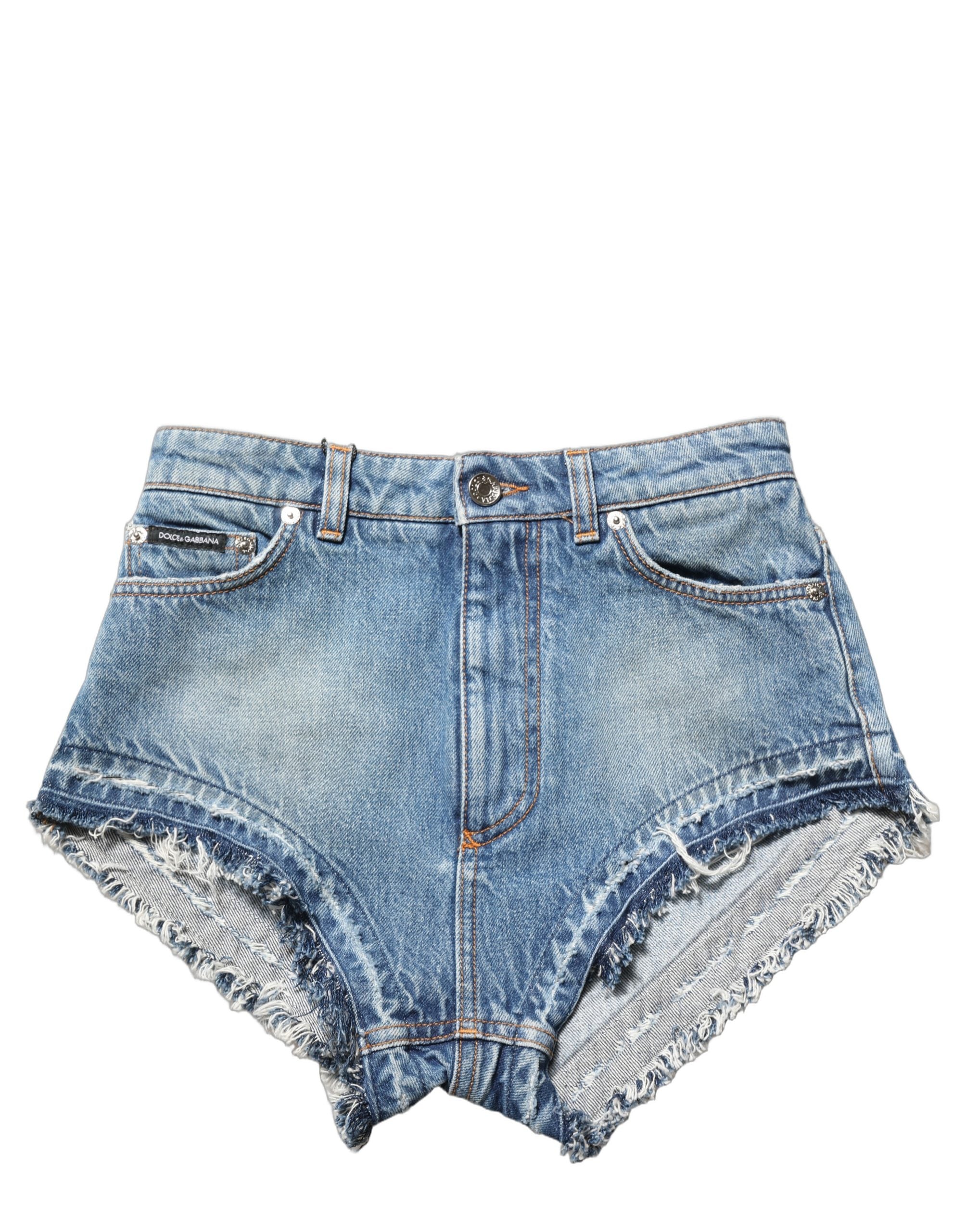 Dolce & Gabbana Blue Cotton High Waist Denim Hotpants Women's Shorts