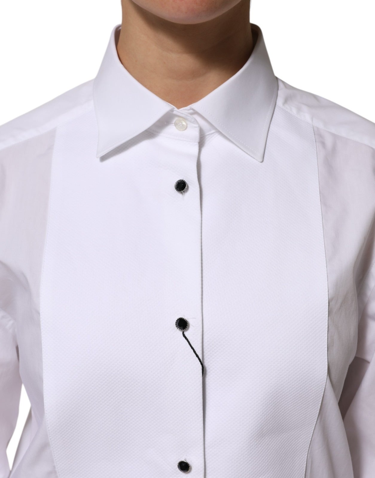 Dolce & Gabbana White Cotton Tuxedo Bib Long Sleeve Dress Women's Shirt