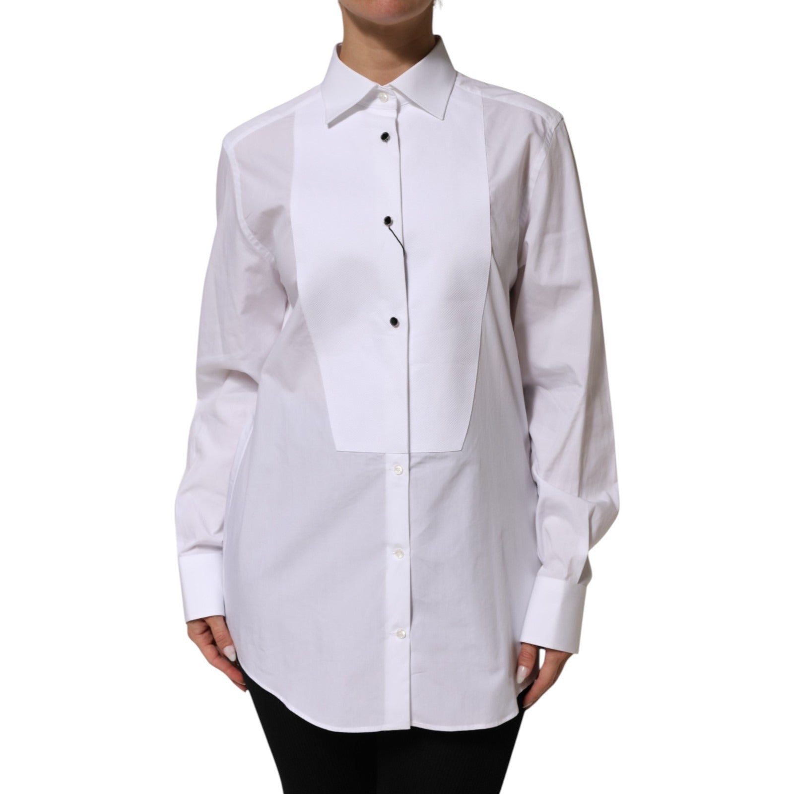 Dolce & Gabbana White Cotton Tuxedo Bib Long Sleeve Dress Women's Shirt