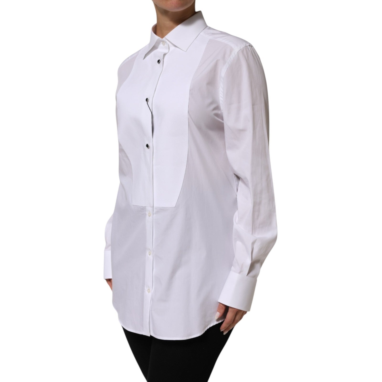 Dolce & Gabbana White Cotton Tuxedo Bib Long Sleeve Dress Women's Shirt