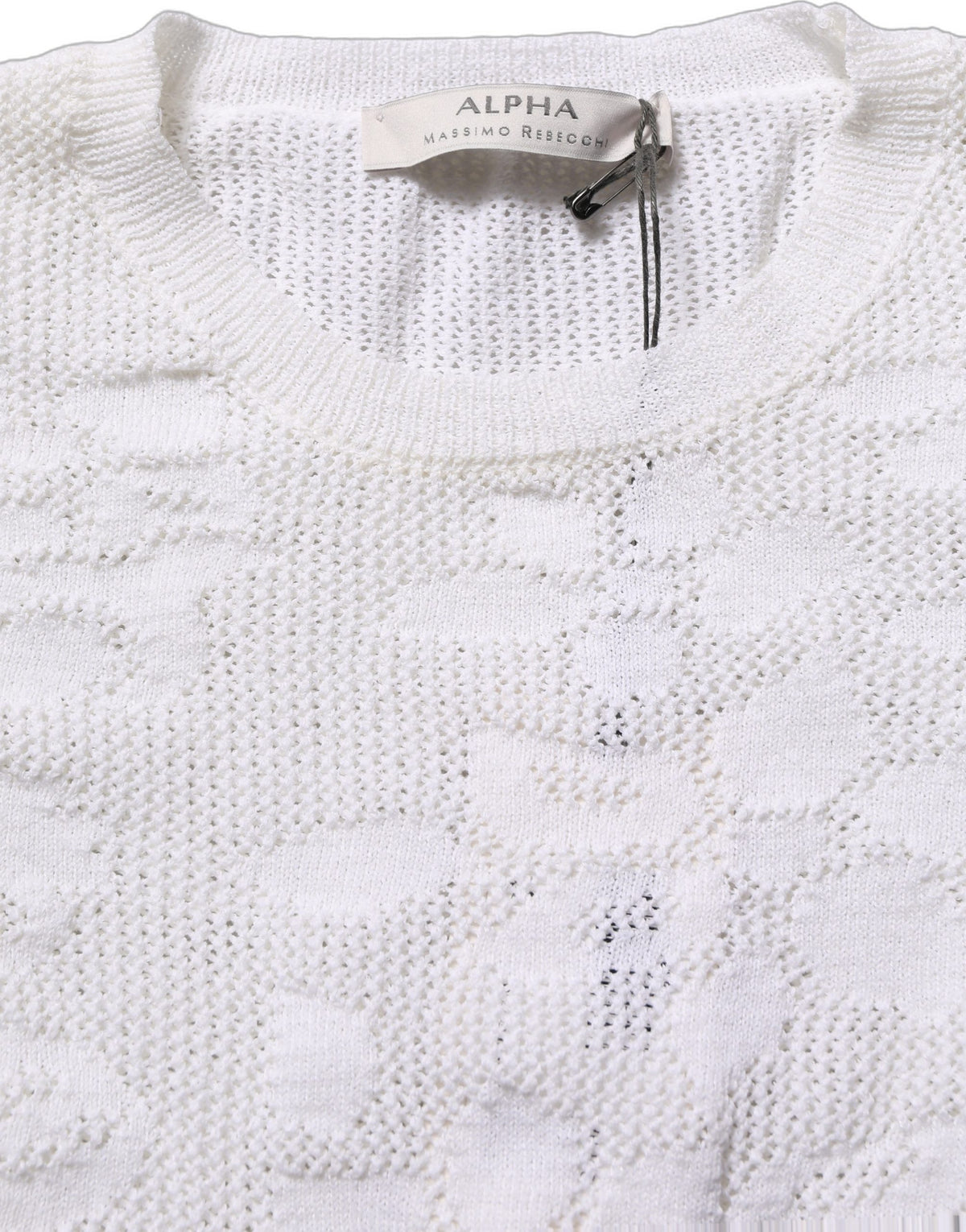Alpha Studio White Floral Lace Knit Fabric Short Sleeves Blouse Women's Top