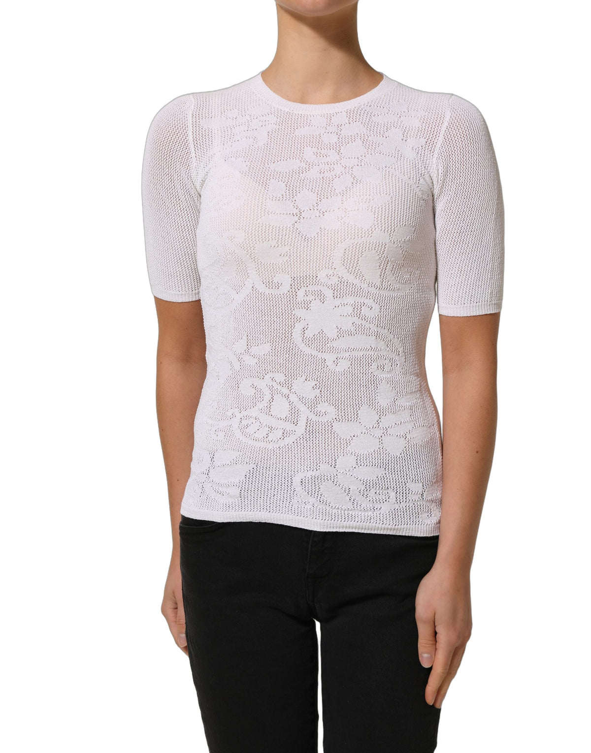 Alpha Studio White Floral Lace Knit Fabric Short Sleeves Blouse Women's Top