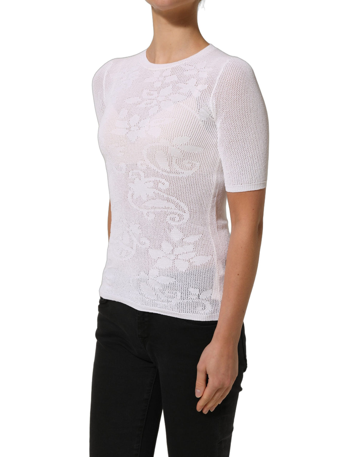 Alpha Studio White Floral Lace Knit Fabric Short Sleeves Blouse Women's Top