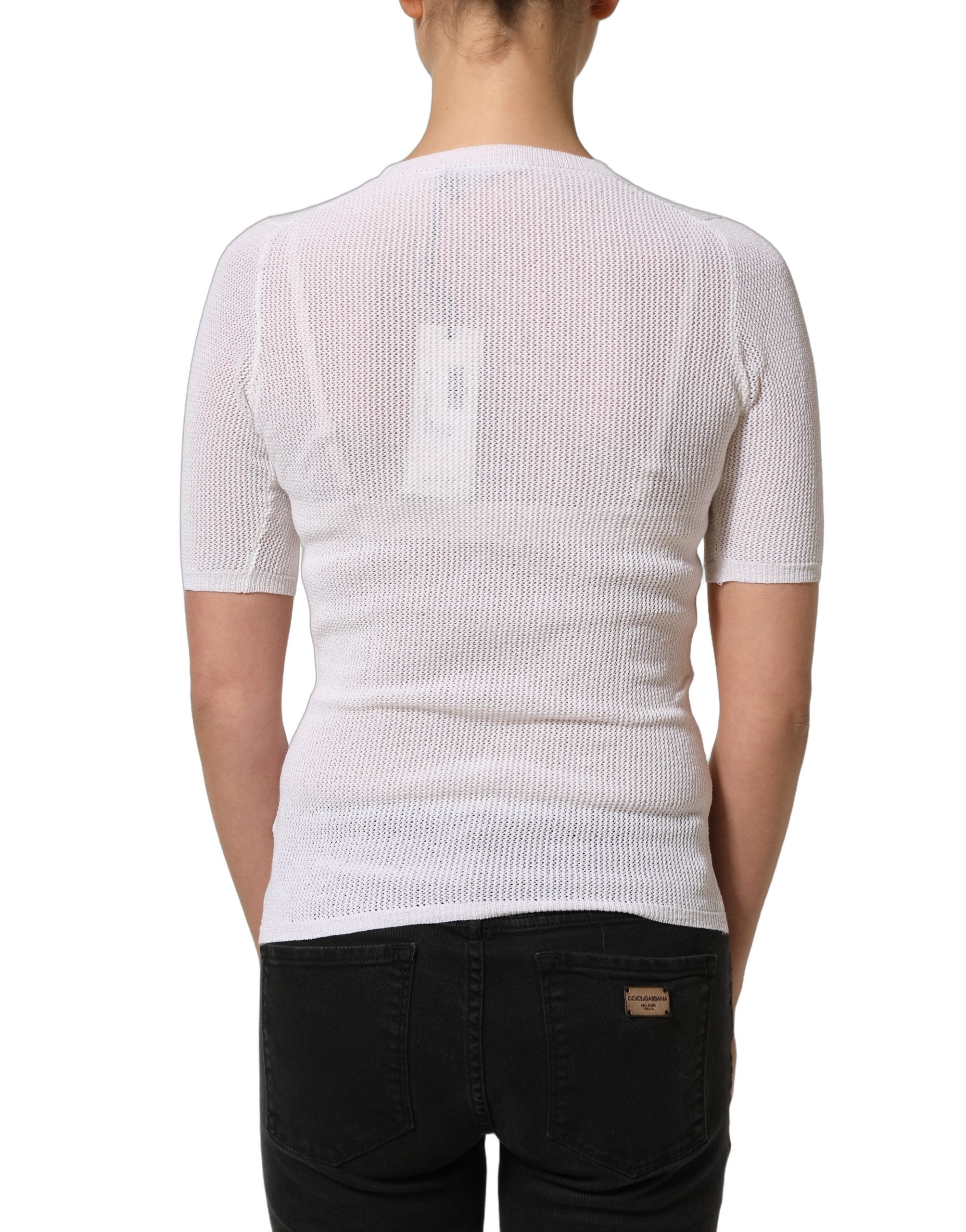Alpha Studio White Floral Lace Knit Fabric Short Sleeves Blouse Women's Top