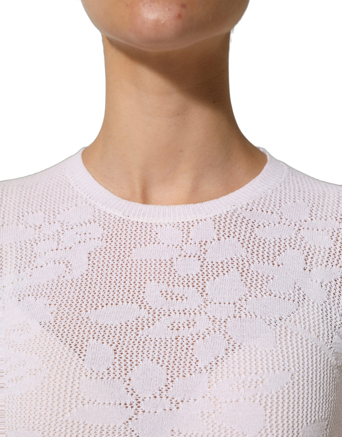 Alpha Studio White Floral Lace Knit Fabric Short Sleeves Blouse Women's Top
