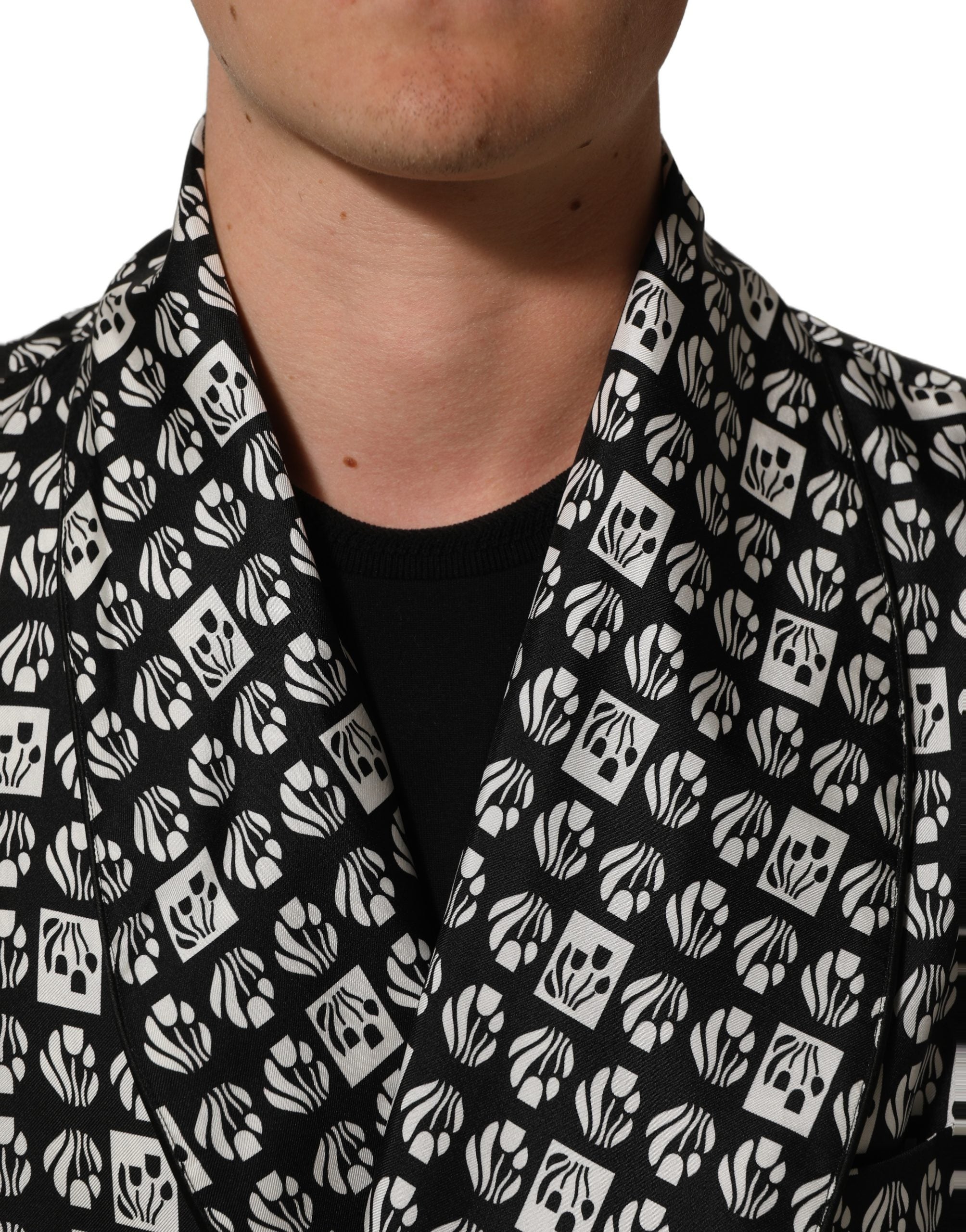 Dolce & Gabbana Black White Silk Men Wrap Robe Coat Men's Jacket