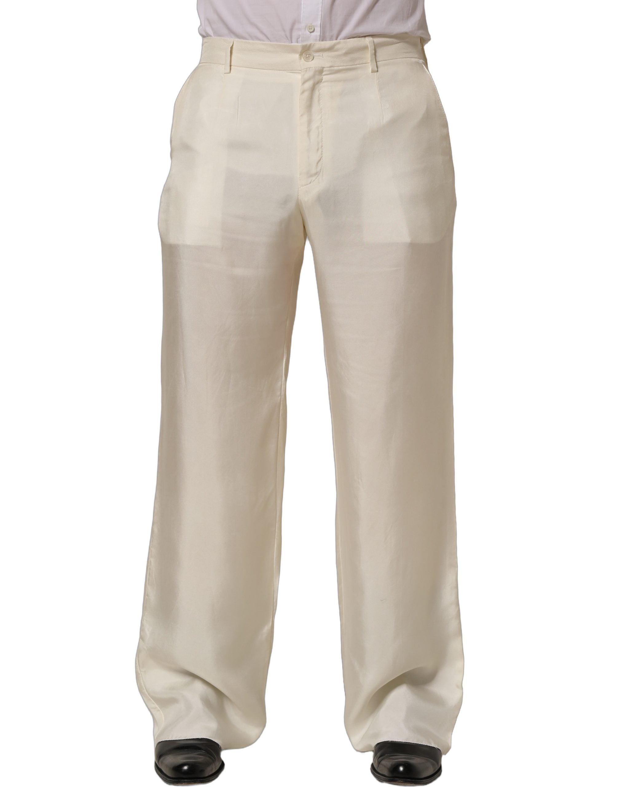 Dolce & Gabbana Off White Silk Straight Wide Leg Trouser Men's Pants (Pre-Owned)
