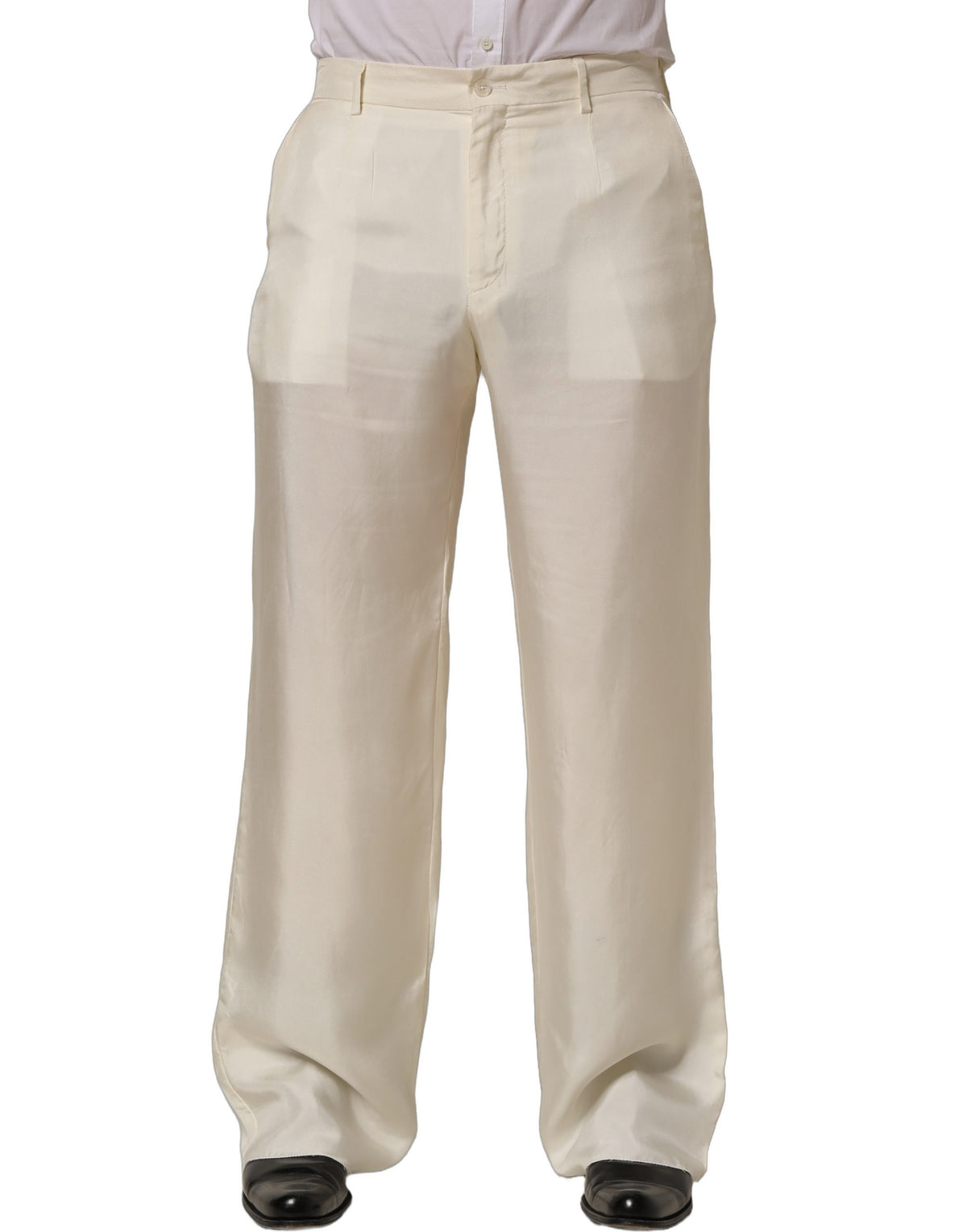 Dolce & Gabbana Off White Silk Straight Wide Leg Trouser Men's Pants (Pre-Owned)