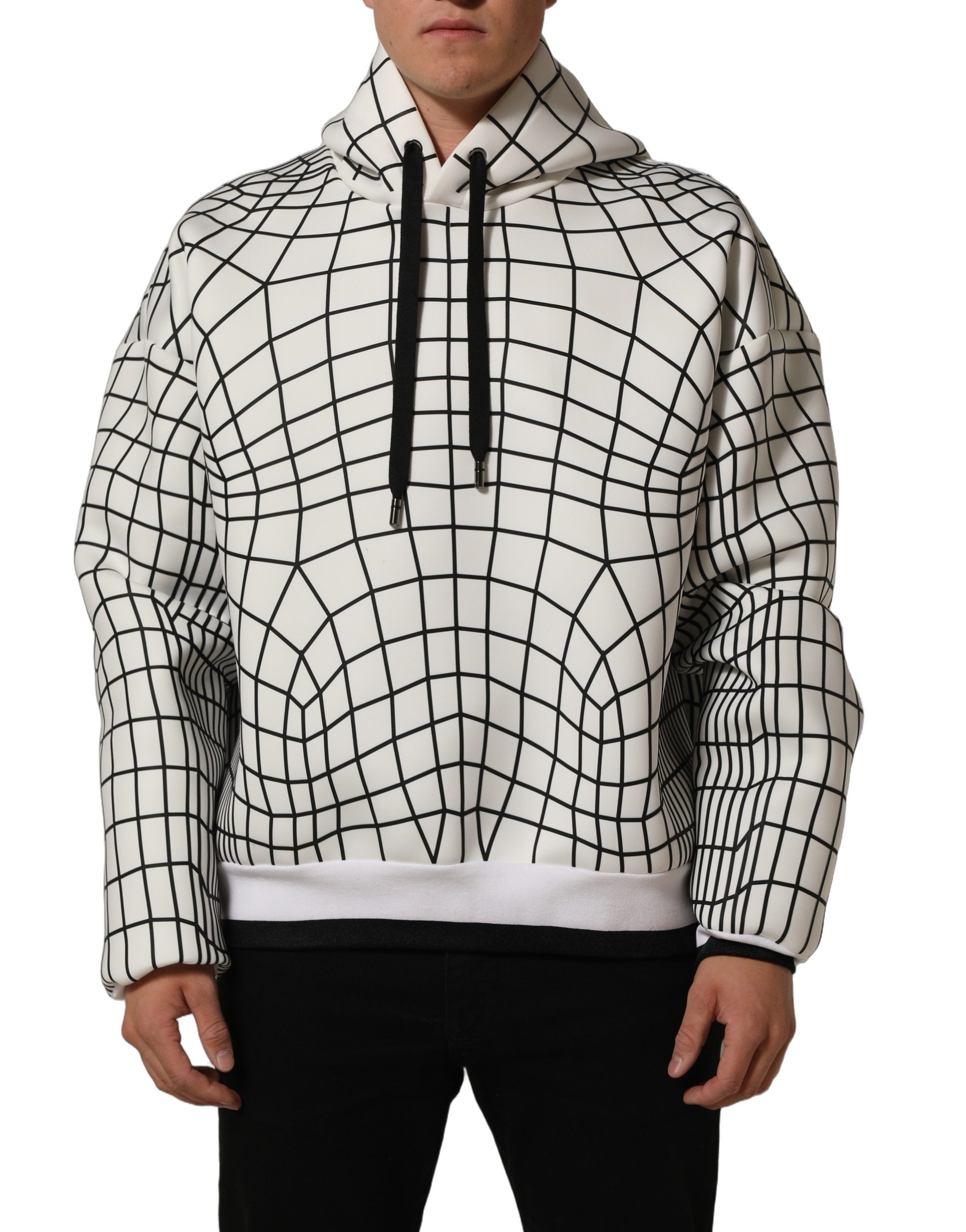 Dolce & Gabbana White Black WarpGrid Pattern Hoodie Men's Sweater (Pre-Owned)