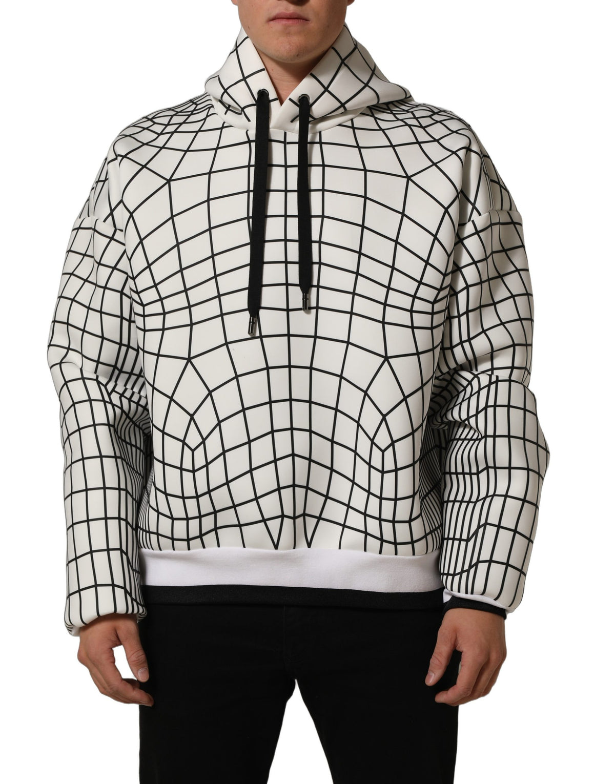 Dolce & Gabbana White Black WarpGrid Pattern Hoodie Men's Sweater (Pre-Owned)