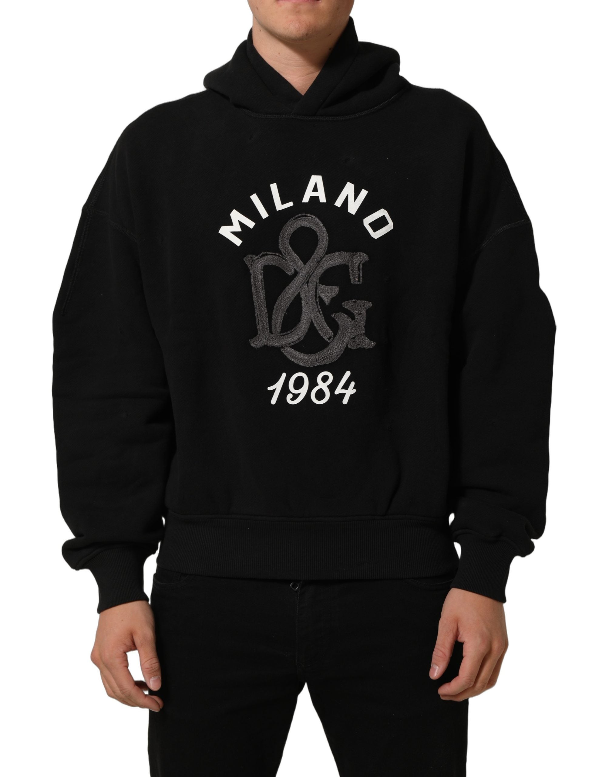 Dolce & Gabbana Black Cotton Milano1984 Print Hoodie Men's Sweater