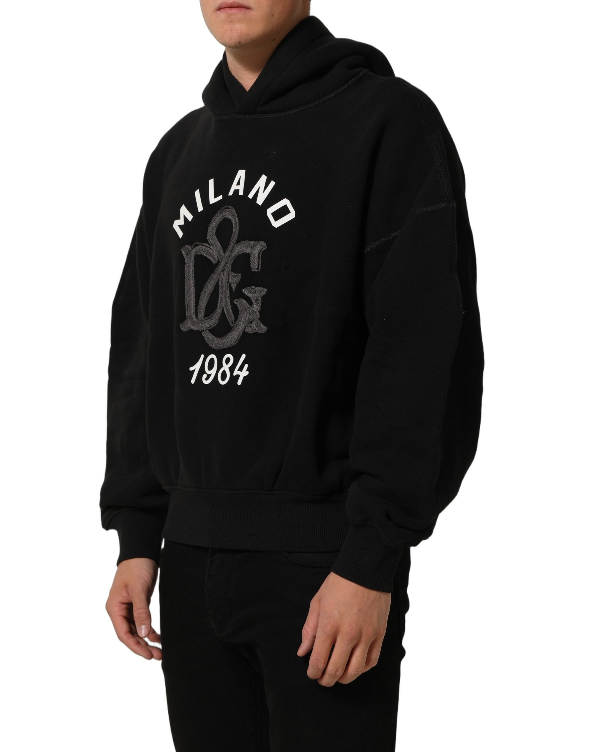Dolce & Gabbana Black Cotton Milano1984 Print Hoodie Men's Sweater