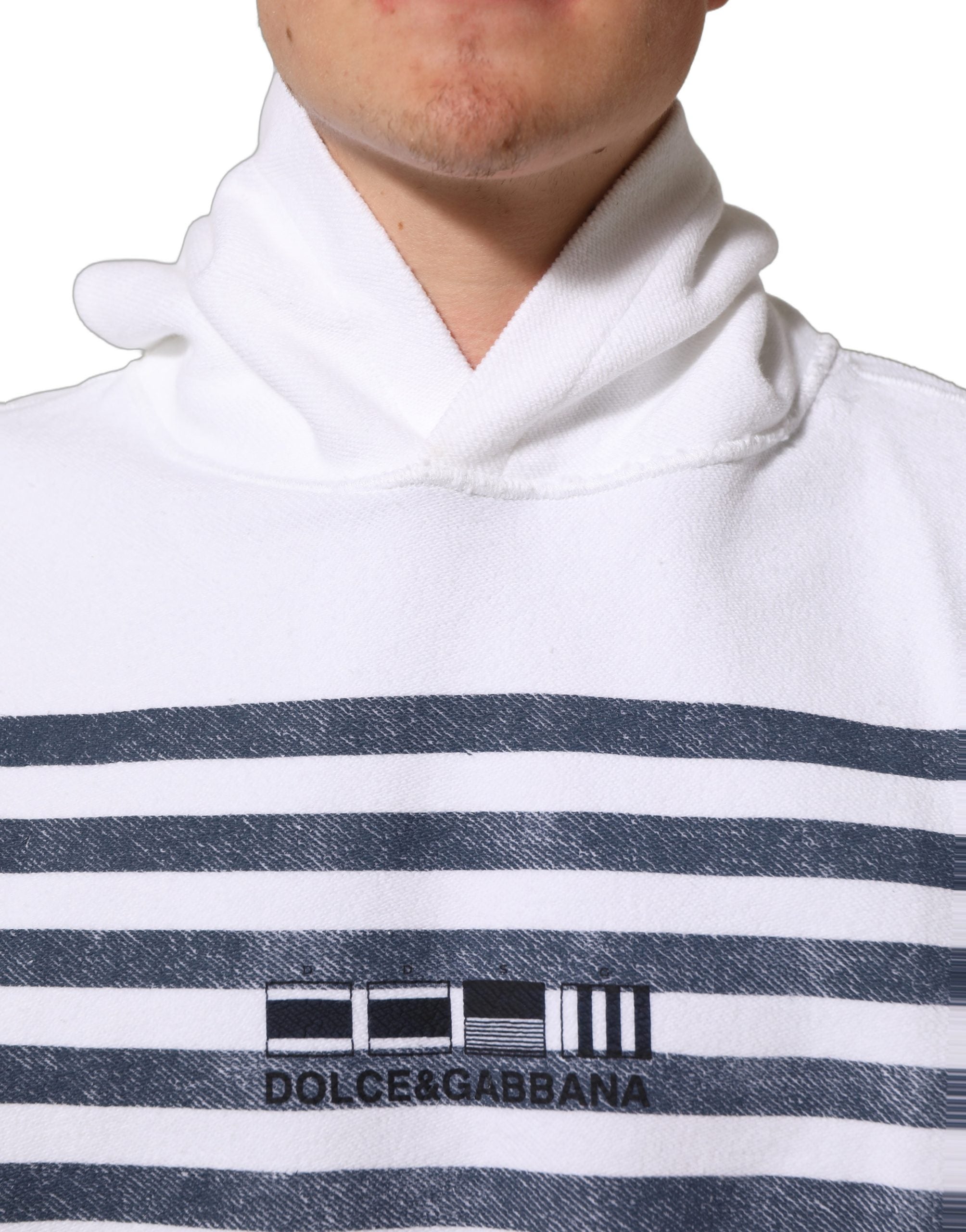 Dolce & Gabbana White Blue Stripe Hooded Sweatshirt Men's Sweater (Pre-Owned)