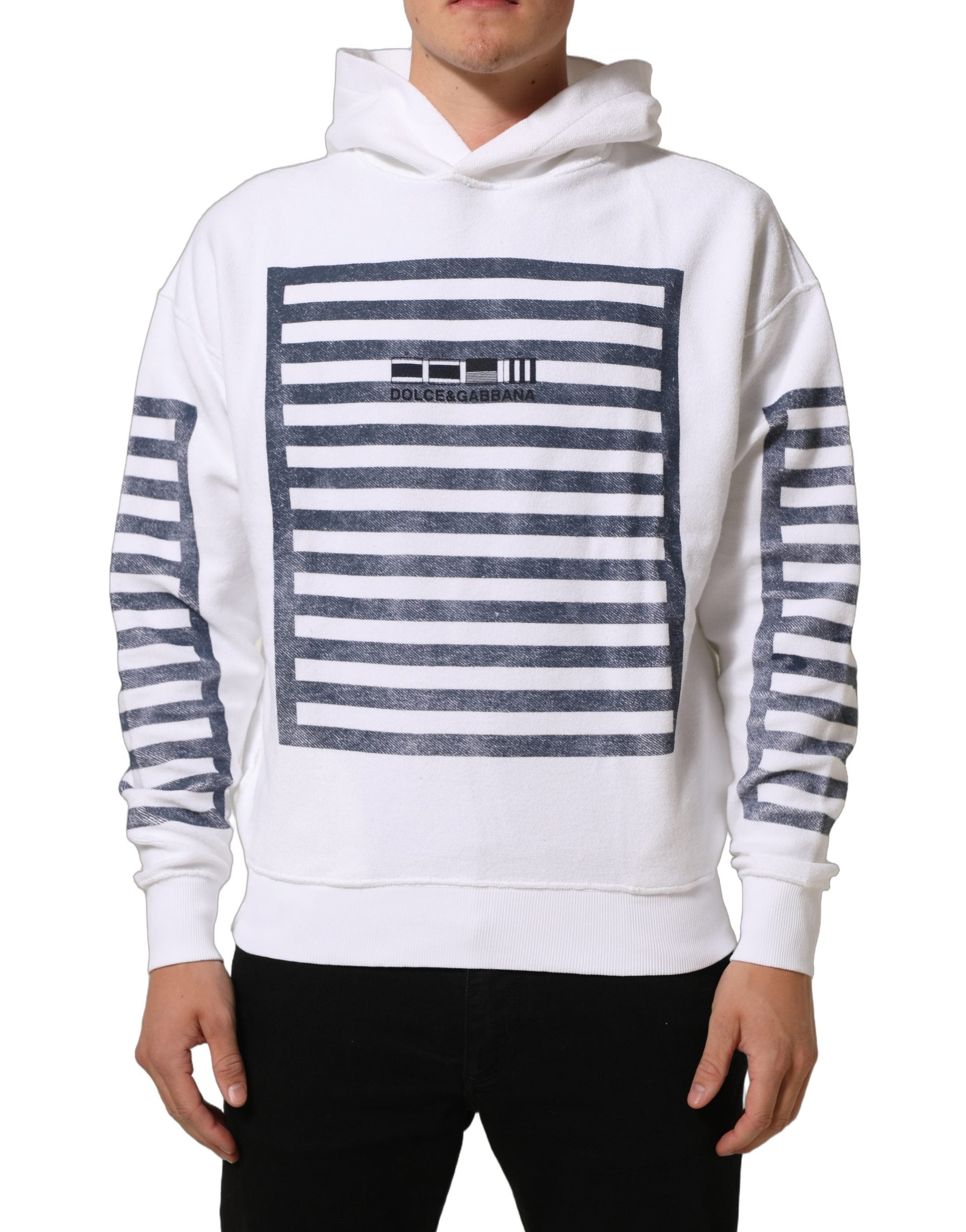 Dolce & Gabbana White Blue Stripe Hooded Sweatshirt Men's Sweater (Pre-Owned)