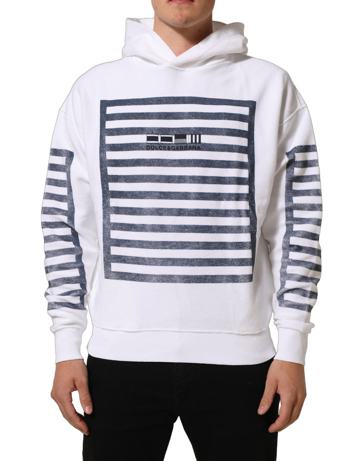 Dolce & Gabbana White Blue Stripe Hooded Sweatshirt Men's Sweater (Pre-Owned)