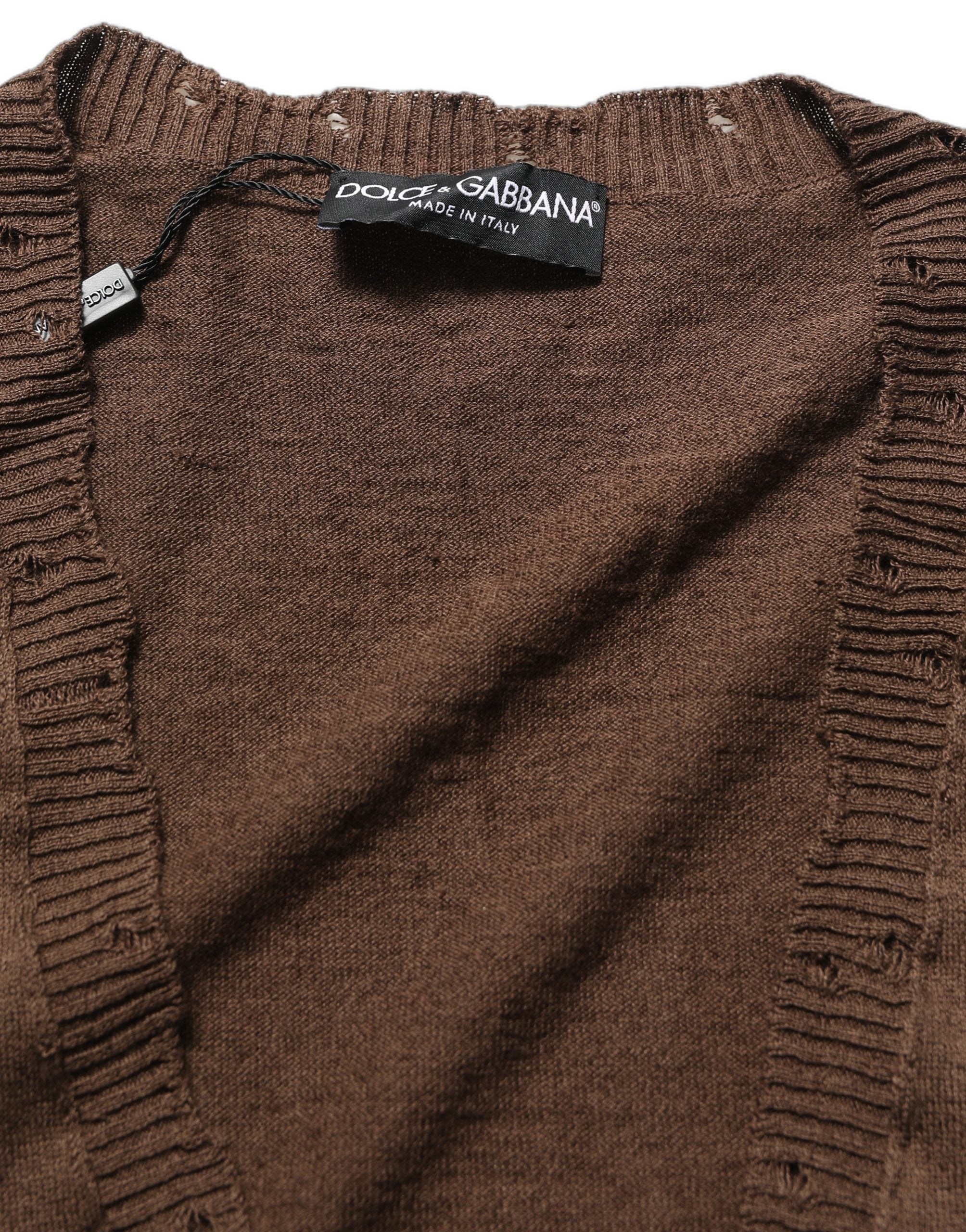 Dolce & Gabbana Brown Flax Buttoned V-neck Pullover Men's Sweater