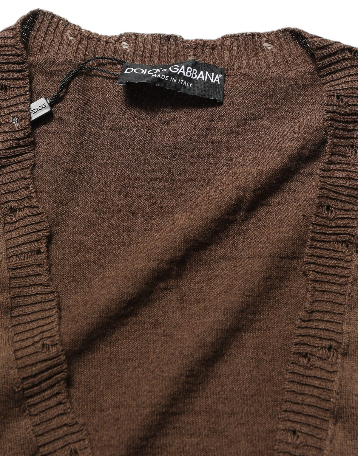 Dolce & Gabbana Brown Flax Buttoned V-neck Pullover Men's Sweater