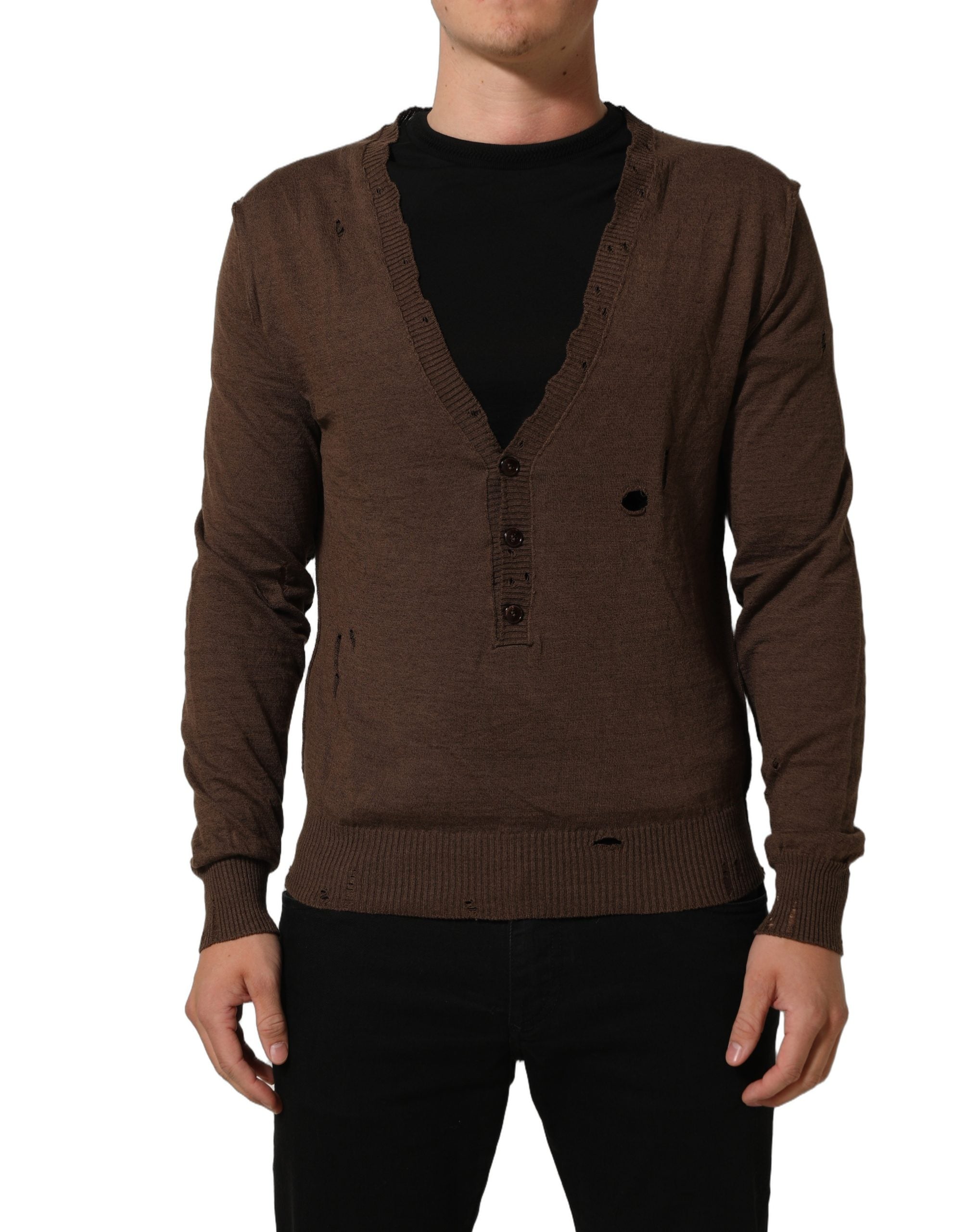 Dolce & Gabbana Brown Flax Buttoned V-neck Pullover Men's Sweater