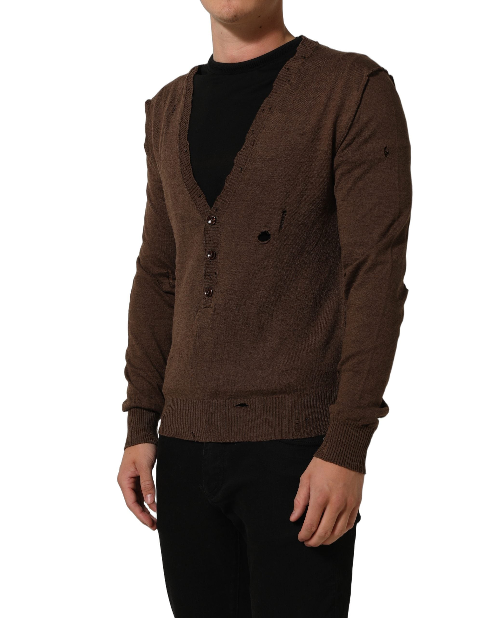 Dolce & Gabbana Brown Flax Buttoned V-neck Pullover Men's Sweater